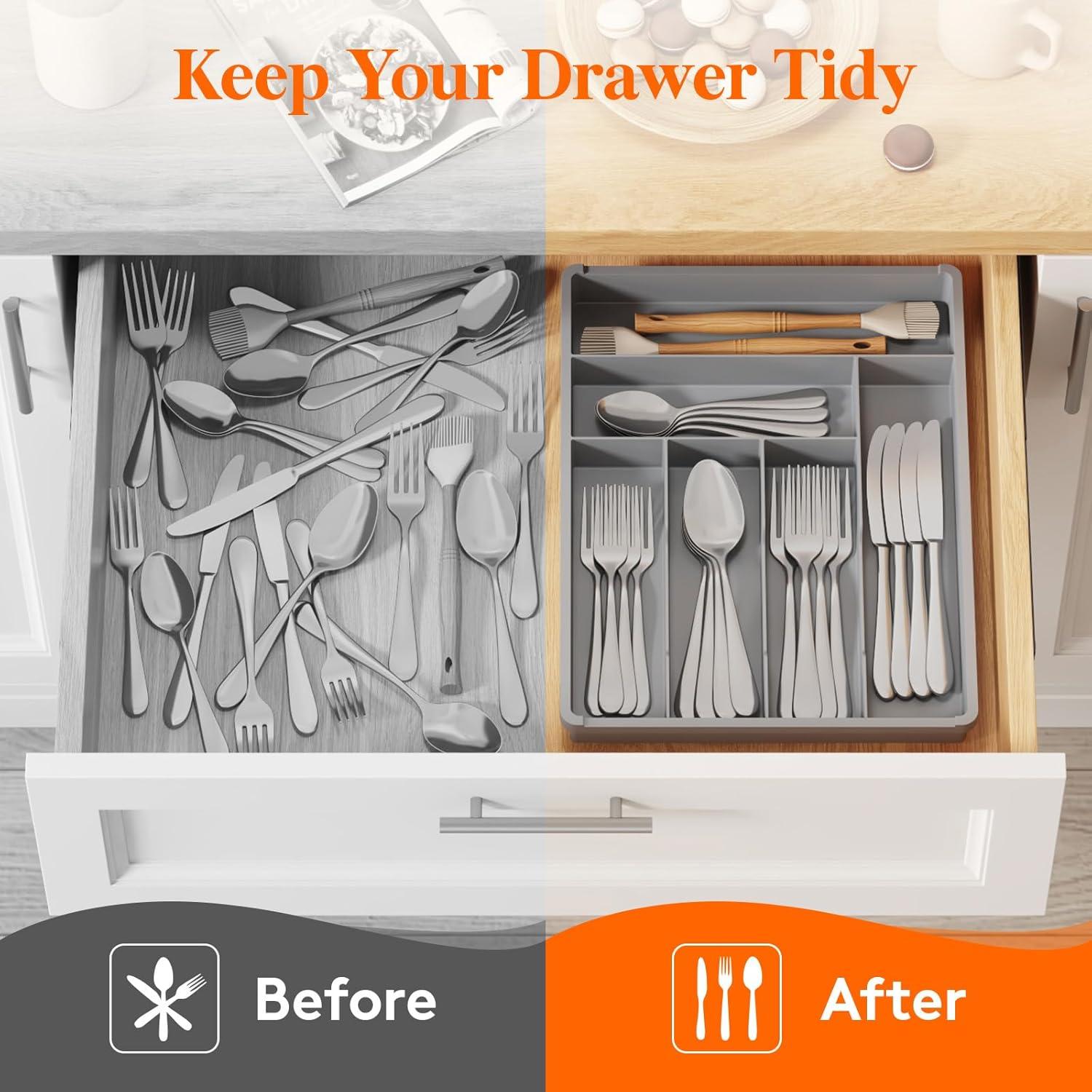image:imageLifewit Silverware Drawer Organizer Tray Plastic Cutlery Storage for Kitchen Flatware and Utensil Holder Divider for Spoons Forks Knives Tableware 123 x 16 7 Slots BlackGray