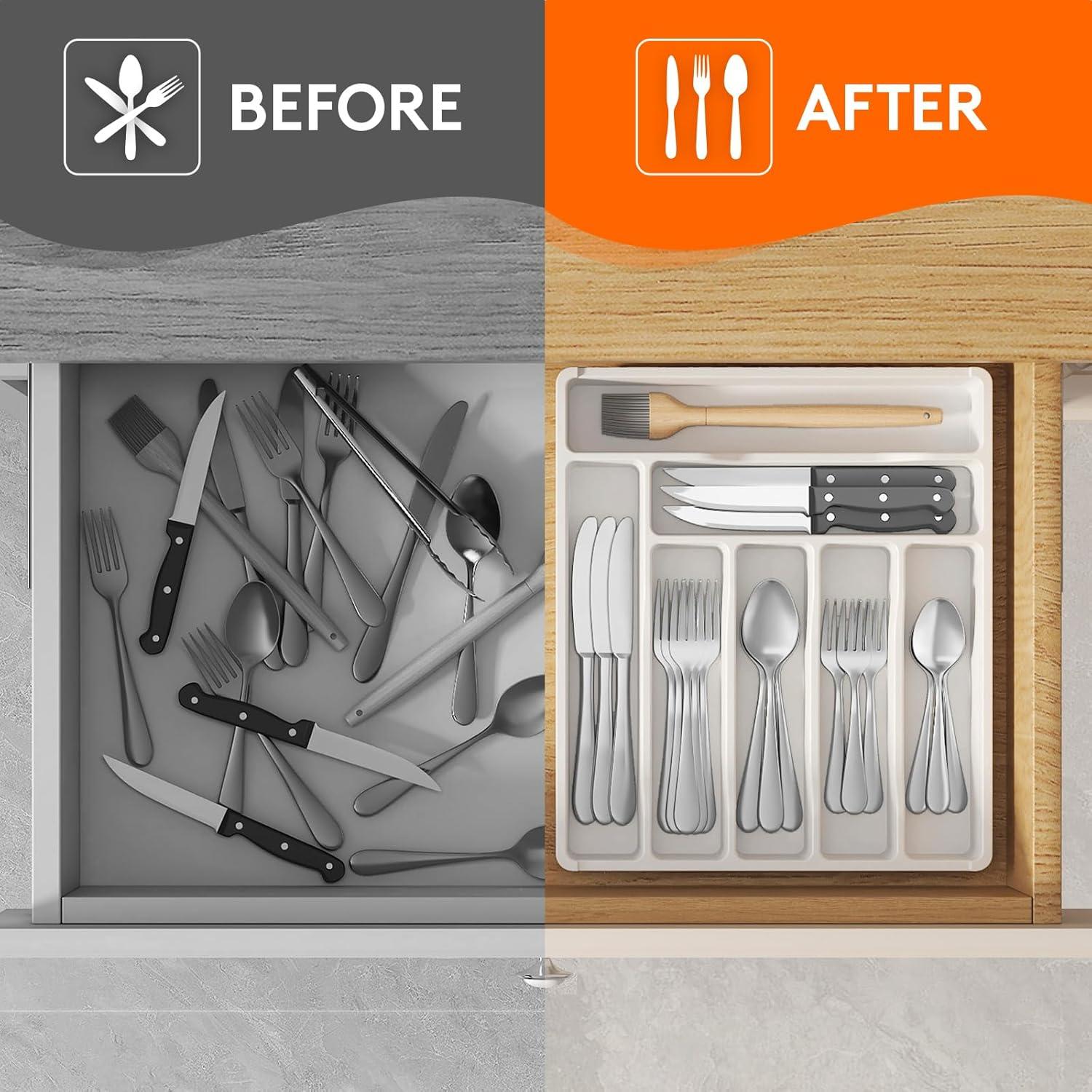 image:imageLifewit Silverware Drawer Organizer Tray Plastic Cutlery Storage for Kitchen Flatware and Utensil Holder Divider for Spoons Forks Knives Tableware 123 x 16 7 Slots BlackWhite