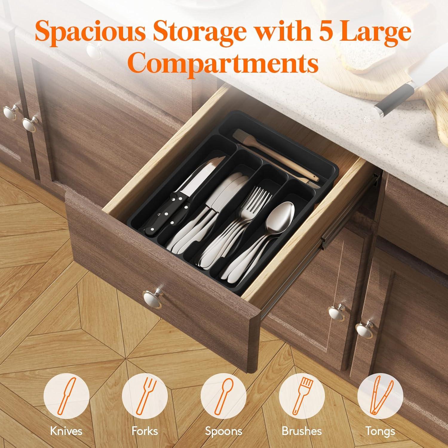 image:imageLifewit Silverware Drawer Organizer Tray Plastic Cutlery Storage for Kitchen Flatware and Utensil Holder Divider for Spoons Forks Knives Tableware 123 x 16 7 Slots BlackBlack