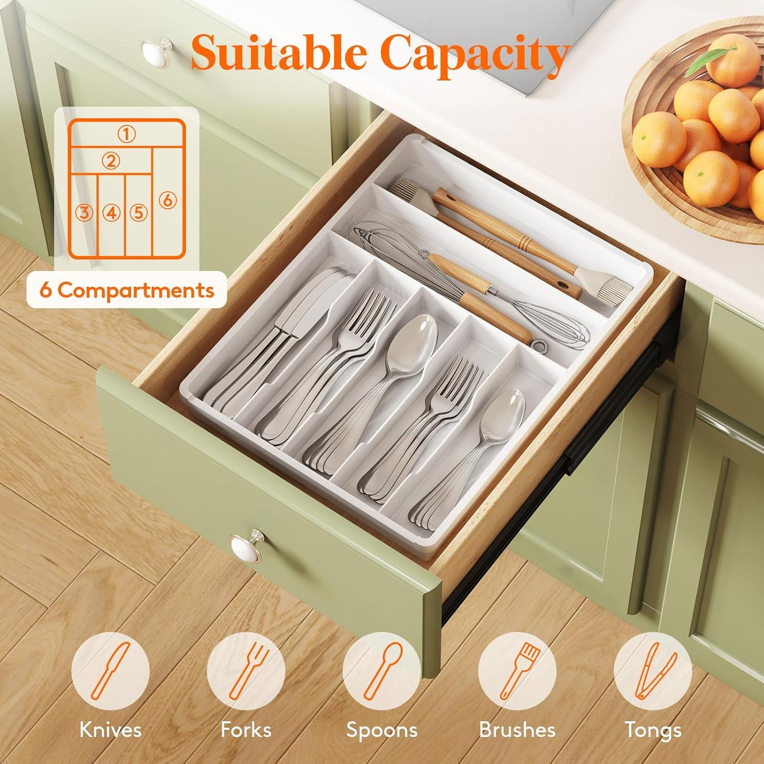image:imageLifewit Silverware Drawer Organizer Tray Plastic Cutlery Storage for Kitchen Flatware and Utensil Holder Divider for Spoons Forks Knives Tableware 123 x 16 7 Slots BlackWhite