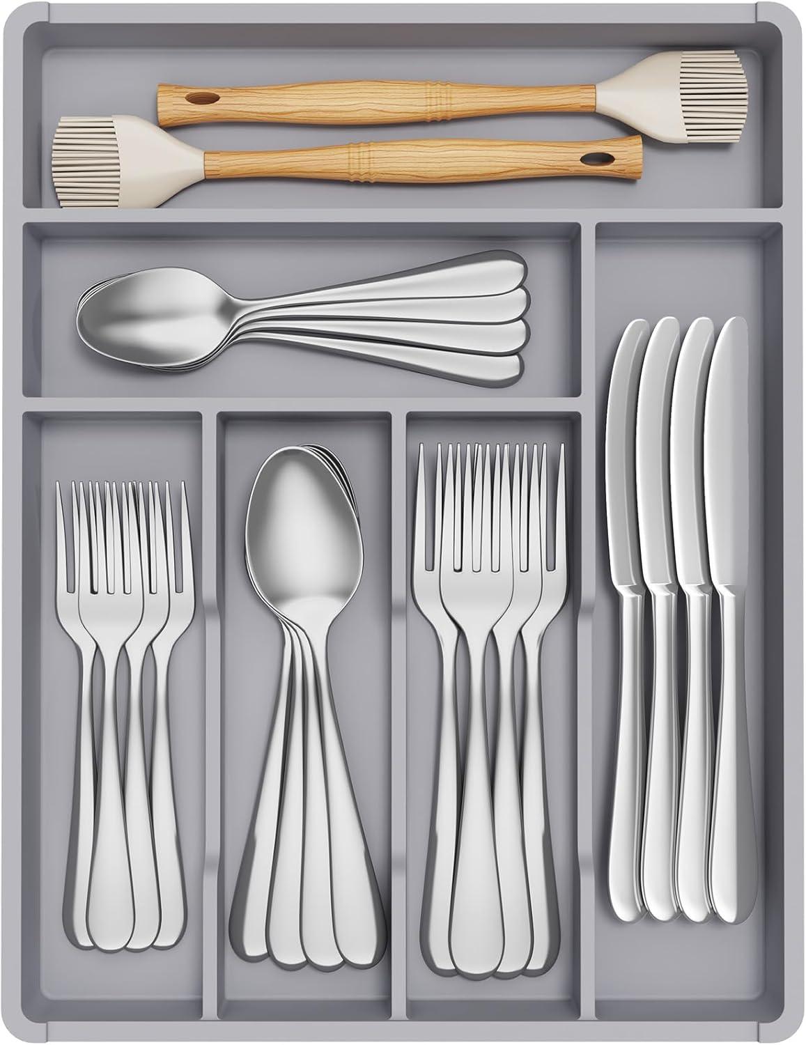 image:imageLifewit Silverware Drawer Organizer Tray Plastic Cutlery Storage for Kitchen Flatware and Utensil Holder Divider for Spoons Forks Knives Tableware 123 x 16 7 Slots BlackGray