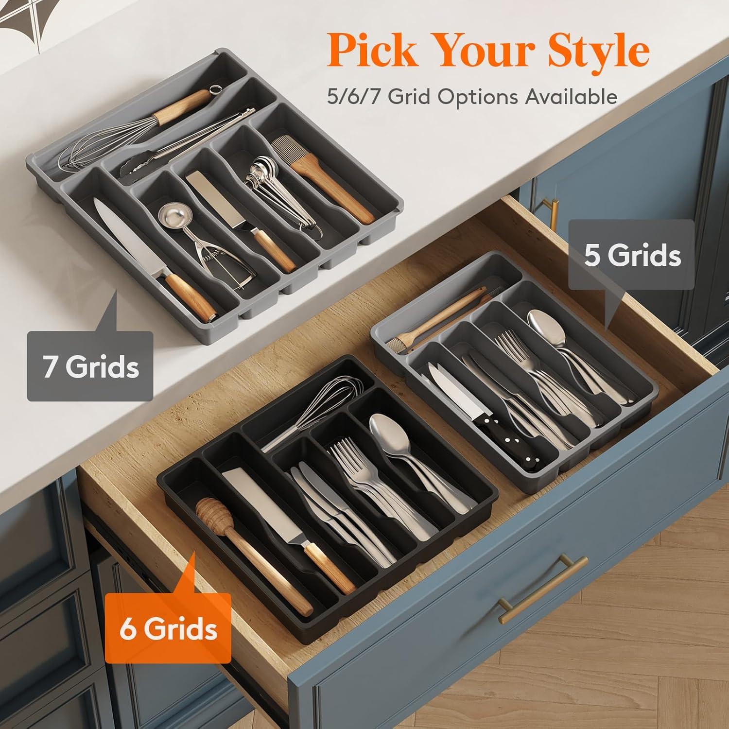 image:imageLifewit Silverware Drawer Organizer Tray Plastic Cutlery Storage for Kitchen Flatware and Utensil Holder Divider for Spoons Forks Knives Tableware 123 x 16 7 Slots BlackBlack
