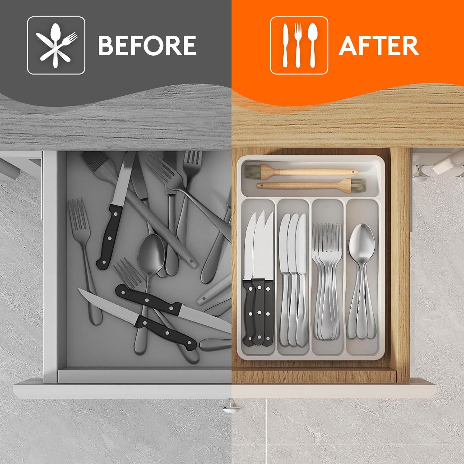 image:imageLifewit Silverware Drawer Organizer Tray Plastic Cutlery Storage for Kitchen Flatware and Utensil Holder Divider for Spoons Forks Knives Tableware 123 x 16 7 Slots BlackWhite
