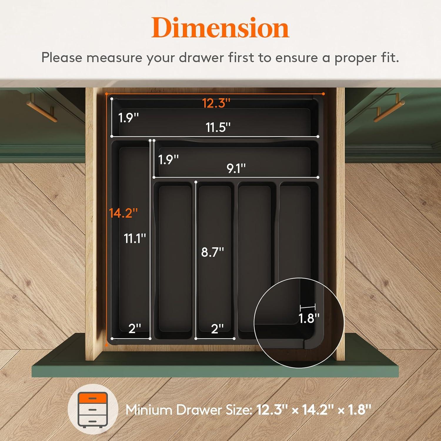 image:imageLifewit Silverware Drawer Organizer Tray Plastic Cutlery Storage for Kitchen Flatware and Utensil Holder Divider for Spoons Forks Knives Tableware 123 x 16 7 Slots BlackBlack