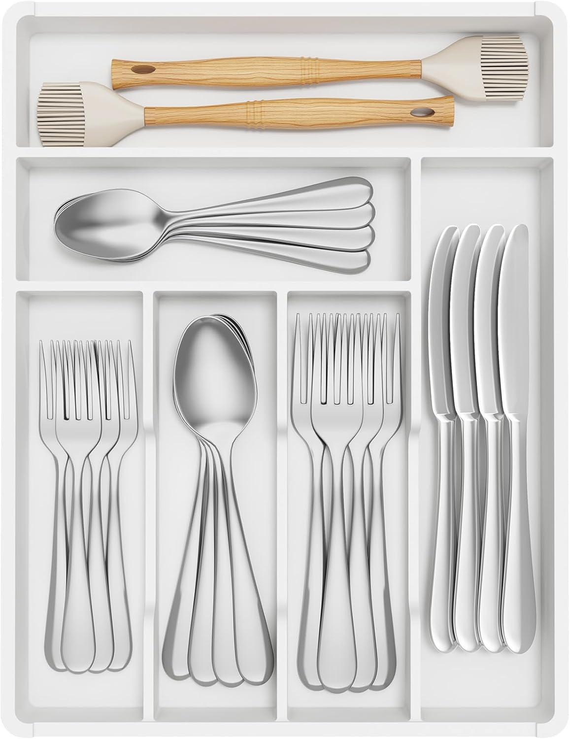 image:imageLifewit Silverware Drawer Organizer Tray Plastic Cutlery Storage for Kitchen Flatware and Utensil Holder Divider for Spoons Forks Knives Tableware 123 x 16 7 Slots BlackWhite