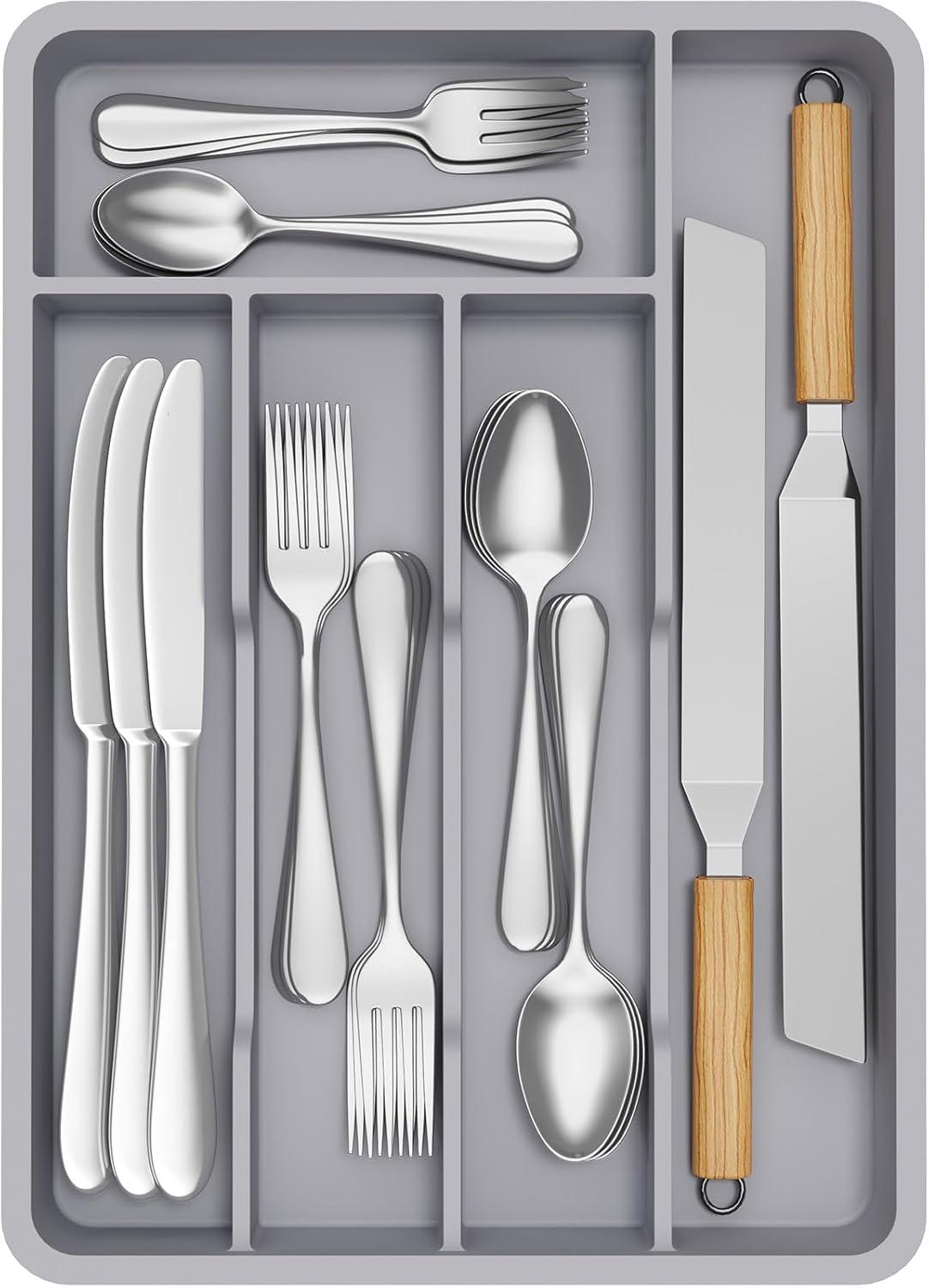 image:imageLifewit Silverware Drawer Organizer Tray Plastic Cutlery Storage for Kitchen Flatware and Utensil Holder Divider for Spoons Forks Knives Tableware 123 x 16 7 Slots BlackGray