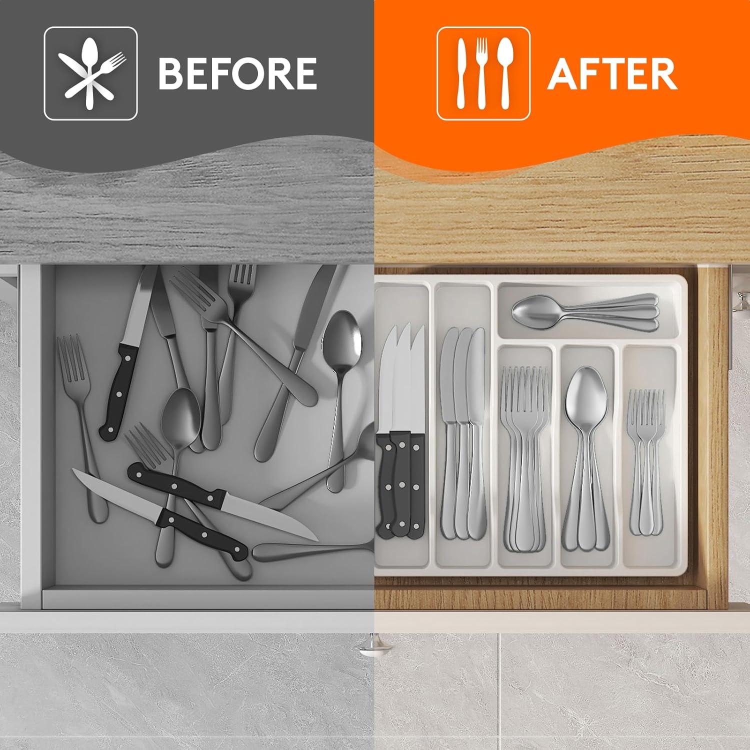 image:imageLifewit Silverware Drawer Organizer Tray Plastic Cutlery Storage for Kitchen Flatware and Utensil Holder Divider for Spoons Forks Knives Tableware 123 x 16 7 Slots BlackWhite
