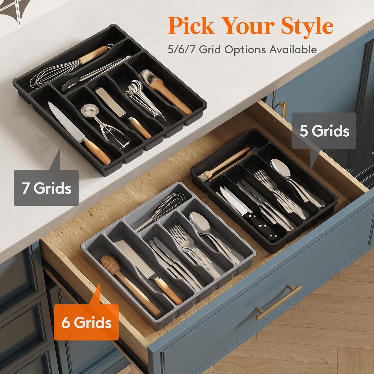 image:imageLifewit Silverware Drawer Organizer Tray Plastic Cutlery Storage for Kitchen Flatware and Utensil Holder Divider for Spoons Forks Knives Tableware 123 x 16 7 Slots BlackGray