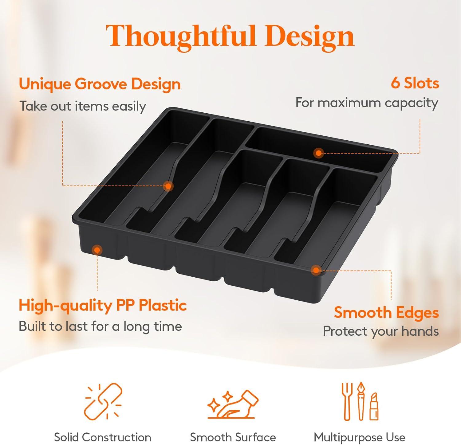 image:imageLifewit Silverware Drawer Organizer Tray Plastic Cutlery Storage for Kitchen Flatware and Utensil Holder Divider for Spoons Forks Knives Tableware 123 x 16 7 Slots BlackBlack
