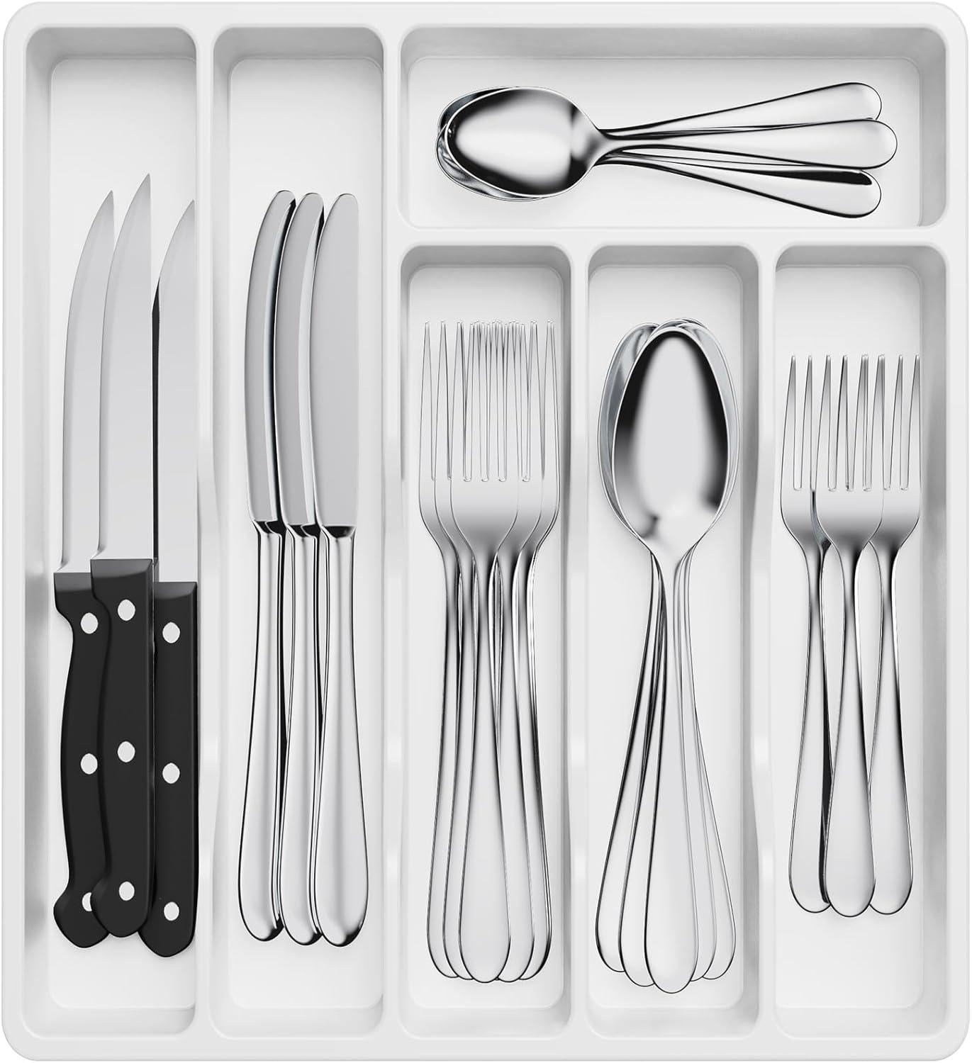 image:imageLifewit Silverware Drawer Organizer Tray Plastic Cutlery Storage for Kitchen Flatware and Utensil Holder Divider for Spoons Forks Knives Tableware 123 x 16 7 Slots BlackWhite