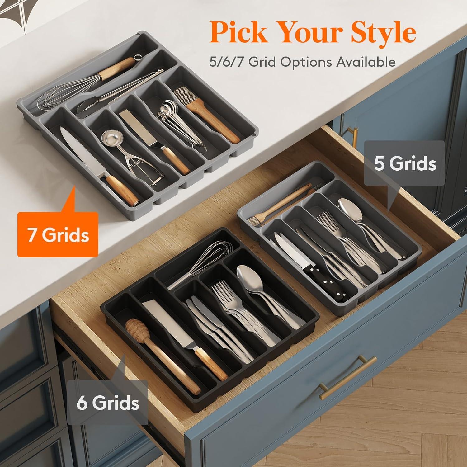 image:imageLifewit Silverware Drawer Organizer Tray Plastic Cutlery Storage for Kitchen Flatware and Utensil Holder Divider for Spoons Forks Knives Tableware 123 x 16 7 Slots BlackGray