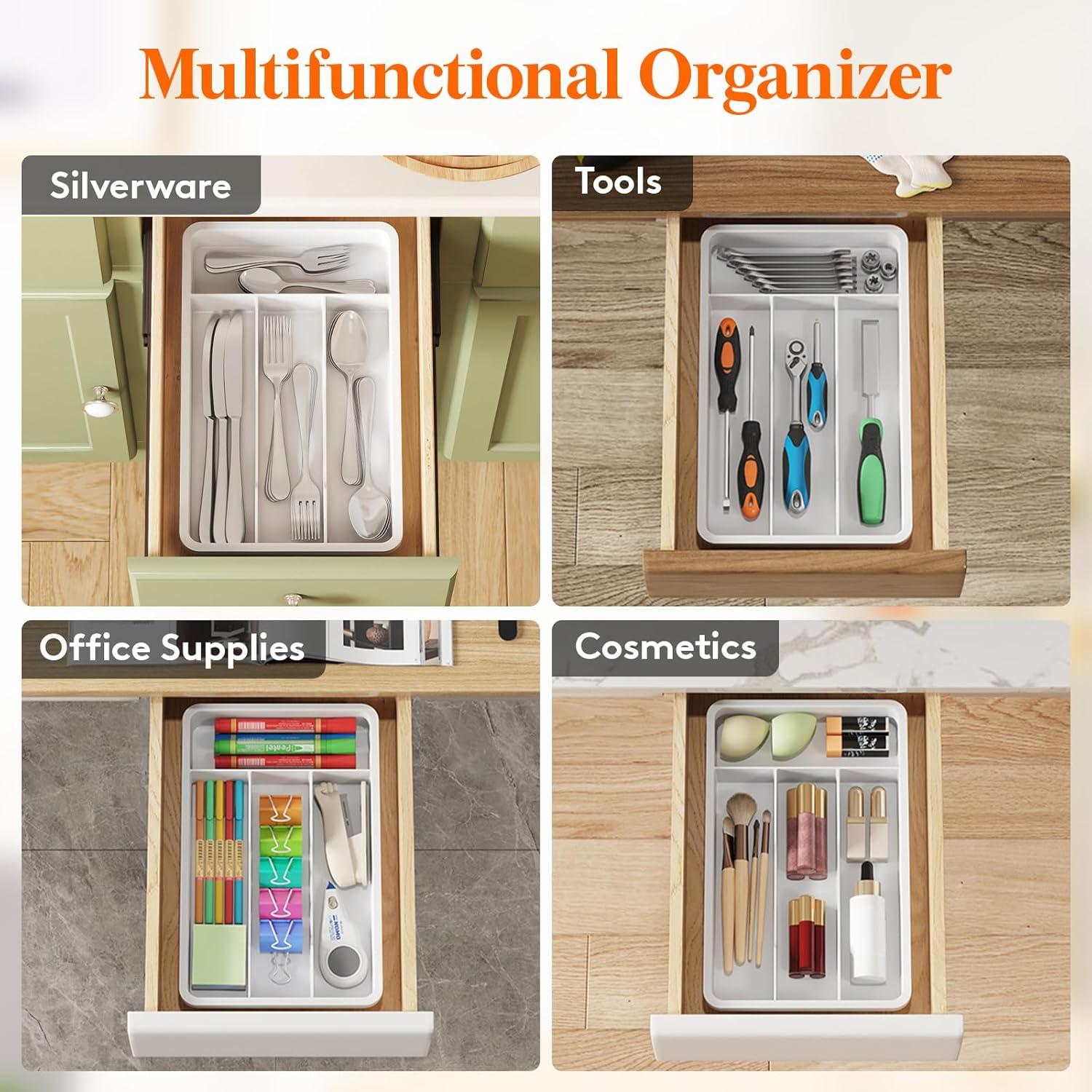 image:imageLifewit Silverware Drawer Organizer Tray Plastic Cutlery Storage for Kitchen Flatware and Utensil Holder Divider for Spoons Forks Knives Tableware 123 x 16 7 Slots BlackWhite