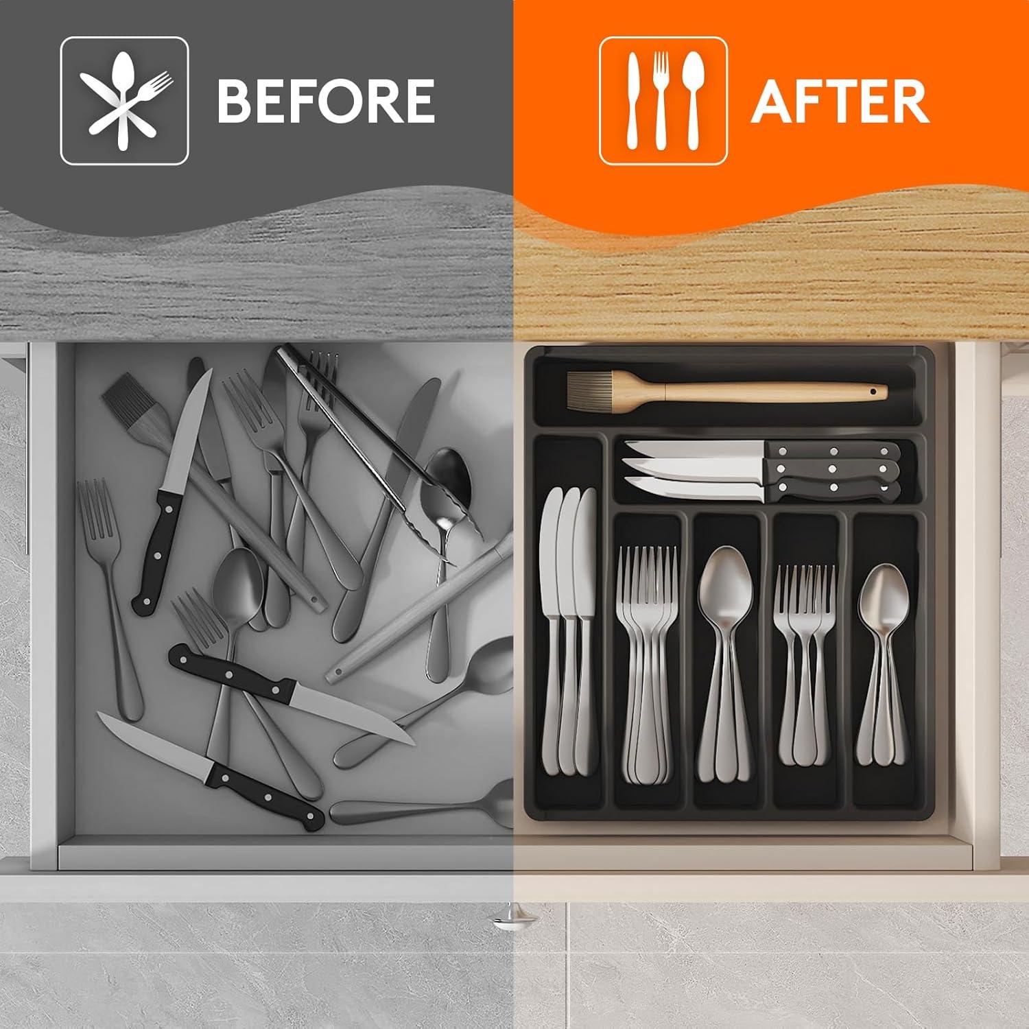image:imageLifewit Silverware Drawer Organizer Tray Plastic Cutlery Storage for Kitchen Flatware and Utensil Holder Divider for Spoons Forks Knives Tableware 123 x 16 7 Slots BlackBlack
