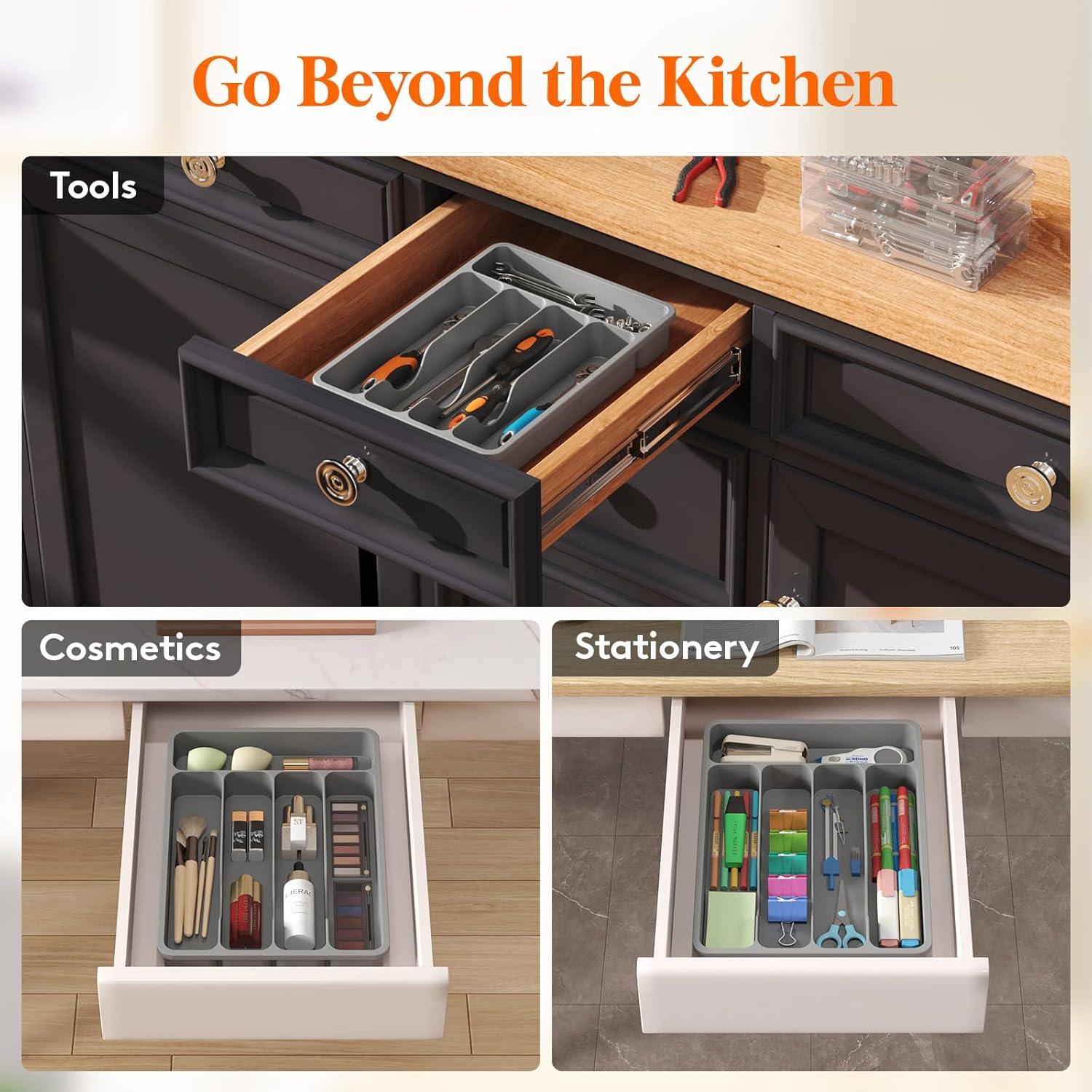 image:imageLifewit Silverware Drawer Organizer Tray Plastic Cutlery Storage for Kitchen Flatware and Utensil Holder Divider for Spoons Forks Knives Tableware 123 x 16 7 Slots BlackGray