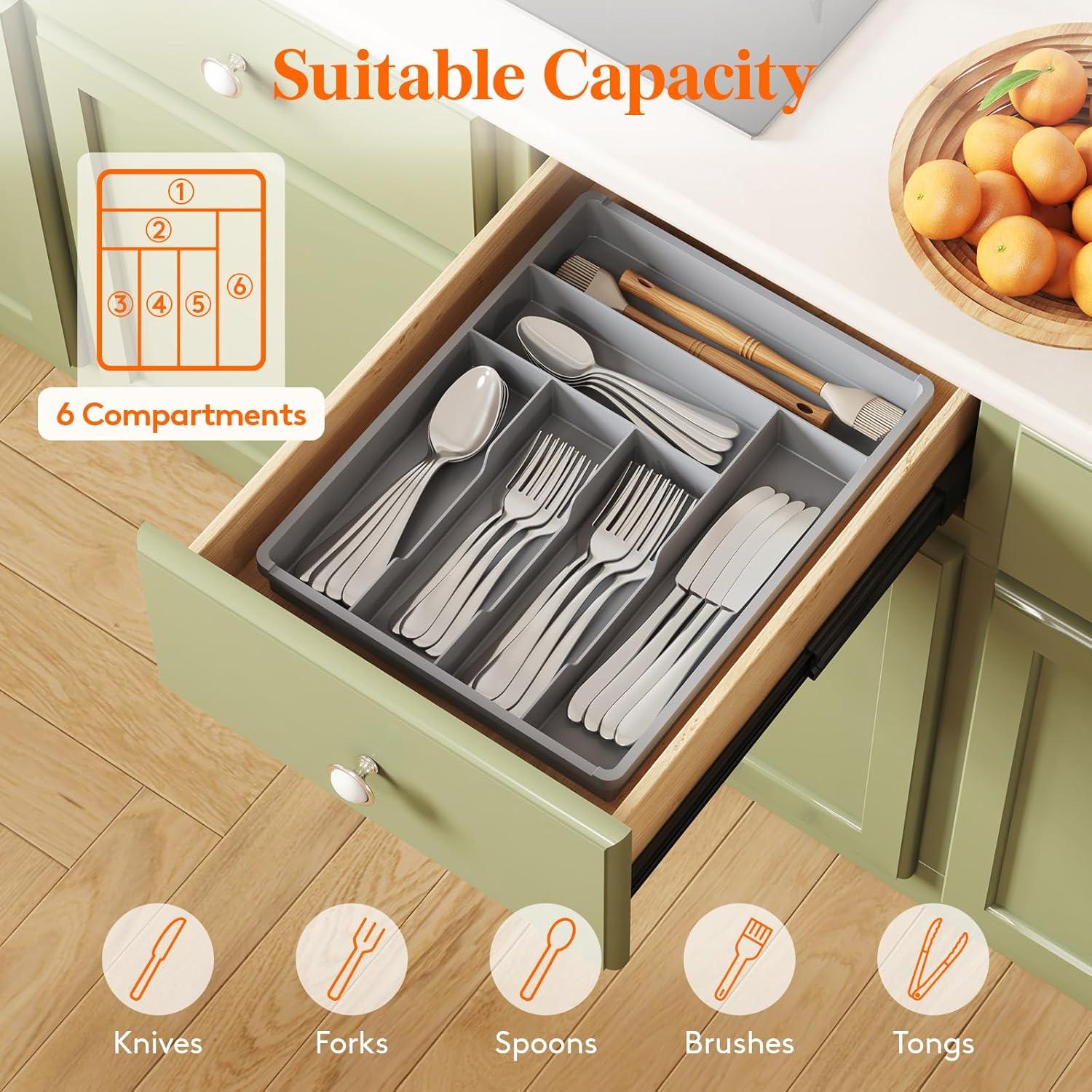image:imageLifewit Silverware Drawer Organizer Tray Plastic Cutlery Storage for Kitchen Flatware and Utensil Holder Divider for Spoons Forks Knives Tableware 123 x 16 7 Slots BlackGray