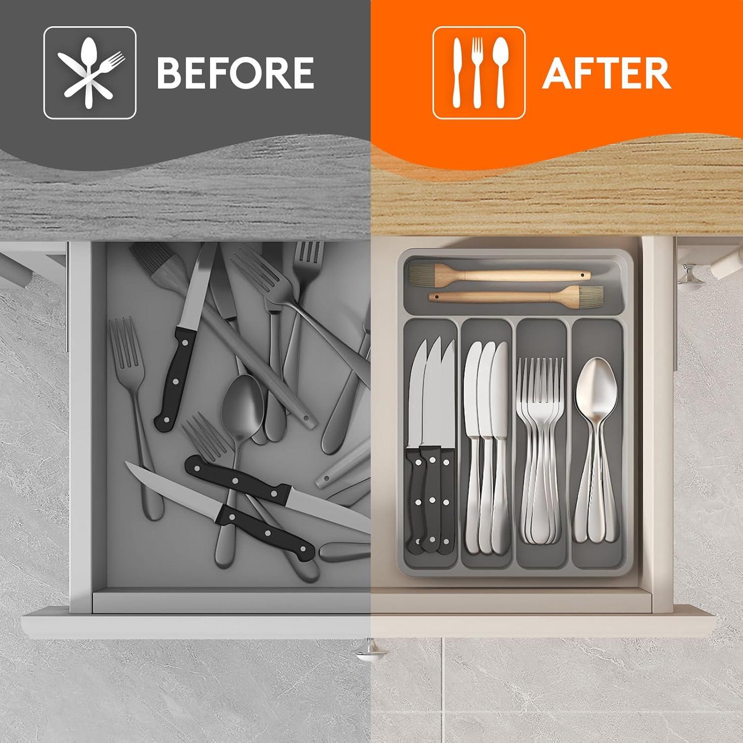 image:imageLifewit Silverware Drawer Organizer Tray Plastic Cutlery Storage for Kitchen Flatware and Utensil Holder Divider for Spoons Forks Knives Tableware 123 x 16 7 Slots BlackGray