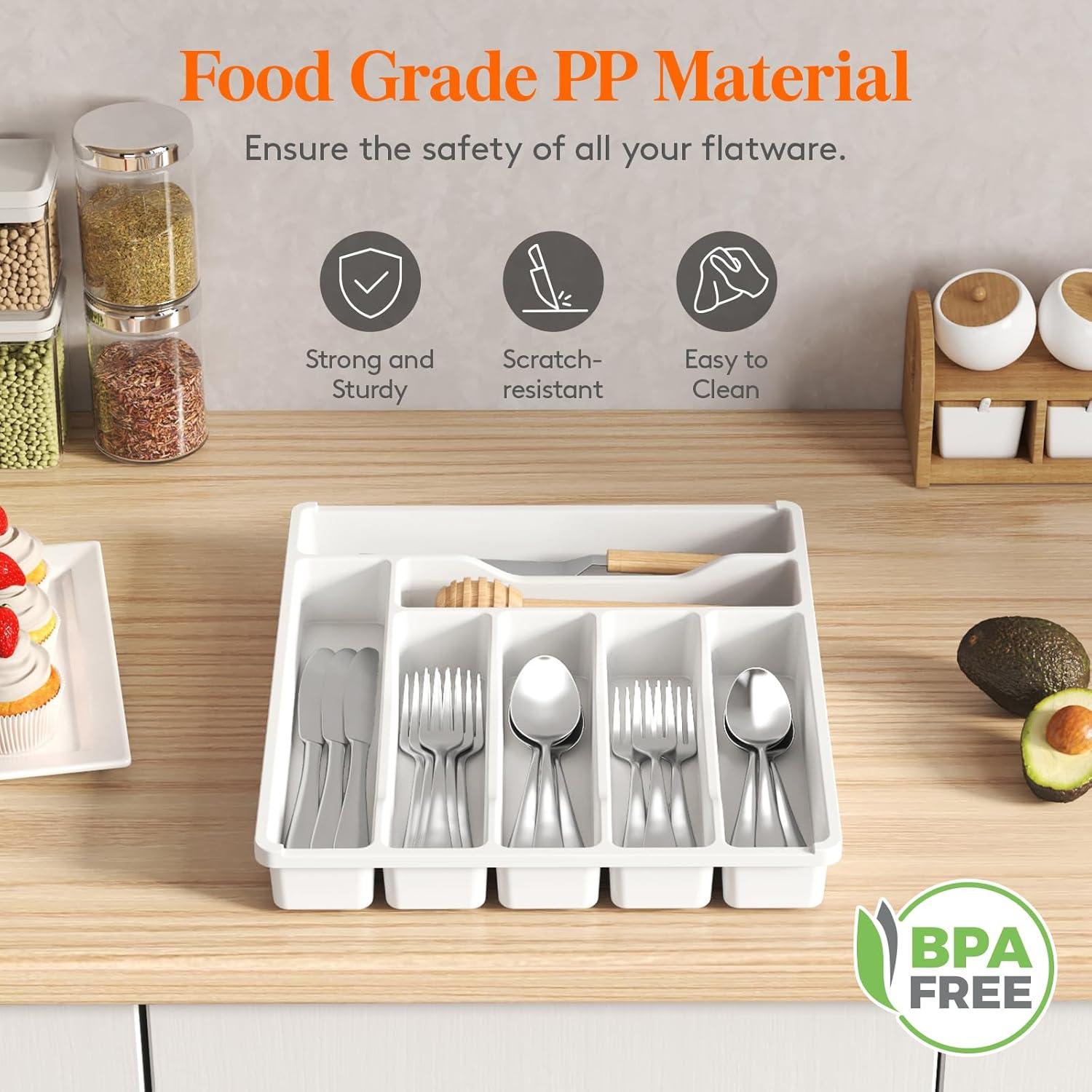 image:imageLifewit Silverware Drawer Organizer Tray Plastic Cutlery Storage for Kitchen Flatware and Utensil Holder Divider for Spoons Forks Knives Tableware 123 x 16 7 Slots BlackWhite