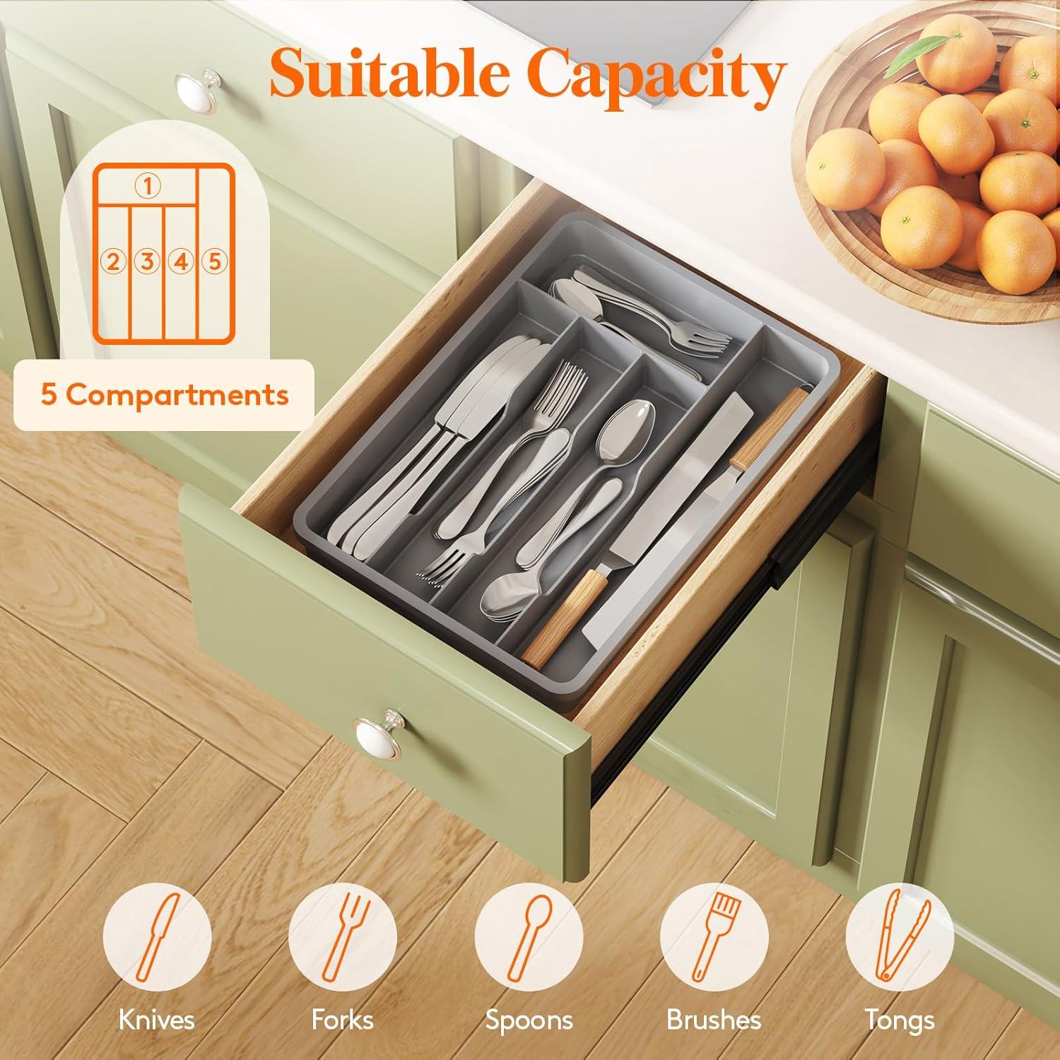 image:imageLifewit Silverware Drawer Organizer Tray Plastic Cutlery Storage for Kitchen Flatware and Utensil Holder Divider for Spoons Forks Knives Tableware 123 x 16 7 Slots BlackGray