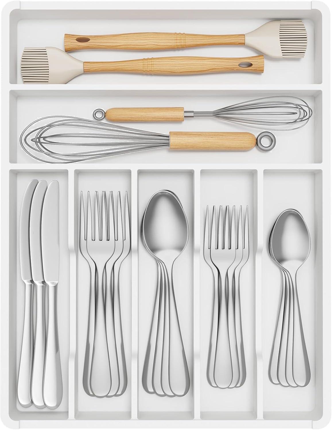 image:imageLifewit Silverware Drawer Organizer Tray Plastic Cutlery Storage for Kitchen Flatware and Utensil Holder Divider for Spoons Forks Knives Tableware 123 x 16 7 Slots BlackWhite