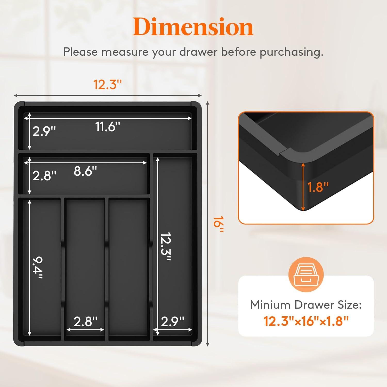 image:imageLifewit Silverware Drawer Organizer Tray Plastic Cutlery Storage for Kitchen Flatware and Utensil Holder Divider for Spoons Forks Knives Tableware 123 x 16 7 Slots BlackBlack