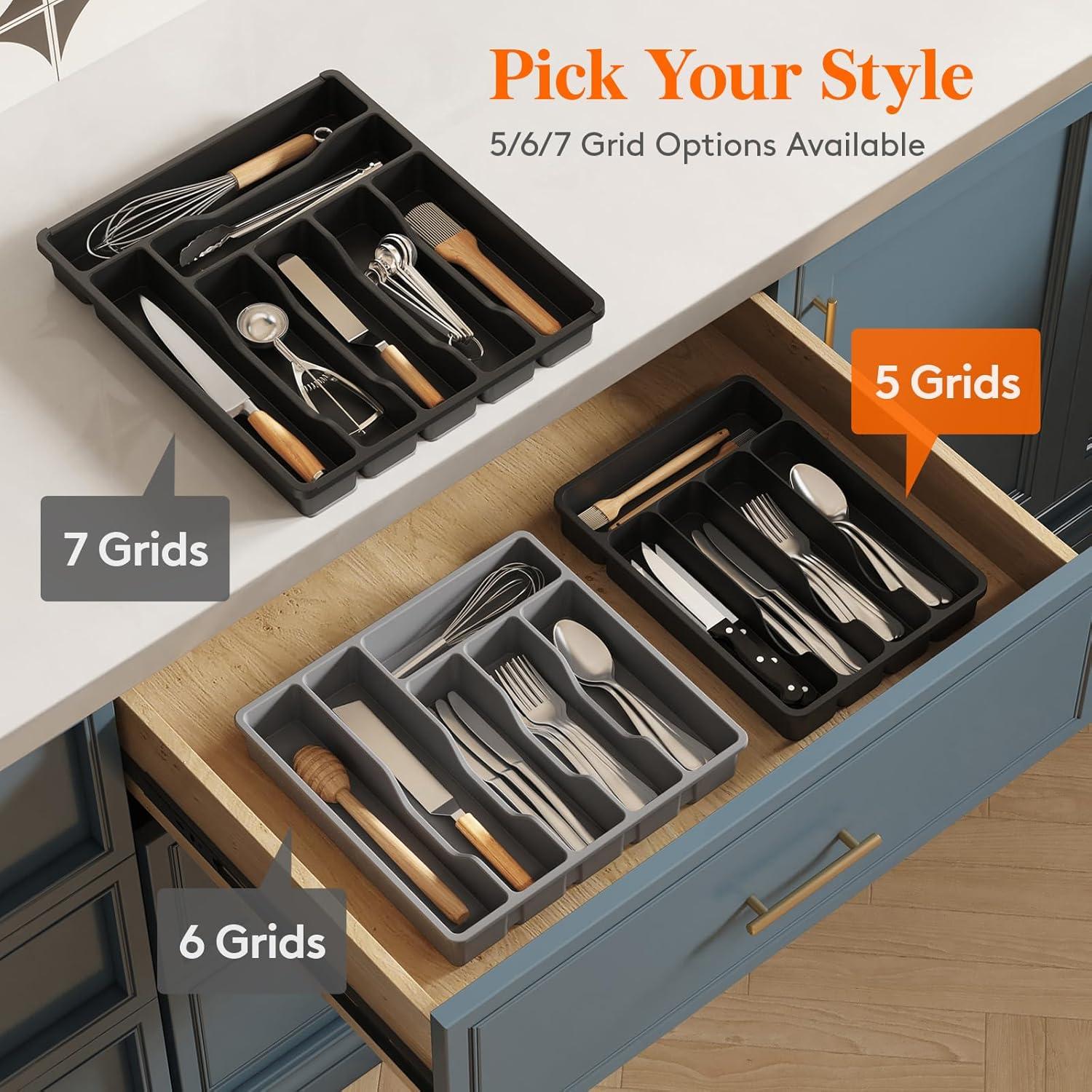 image:imageLifewit Silverware Drawer Organizer Tray Plastic Cutlery Storage for Kitchen Flatware and Utensil Holder Divider for Spoons Forks Knives Tableware 123 x 16 7 Slots BlackBlack
