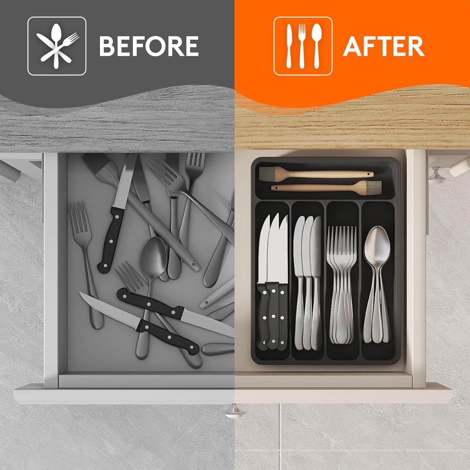 image:imageLifewit Silverware Drawer Organizer Tray Plastic Cutlery Storage for Kitchen Flatware and Utensil Holder Divider for Spoons Forks Knives Tableware 123 x 16 7 Slots BlackBlack