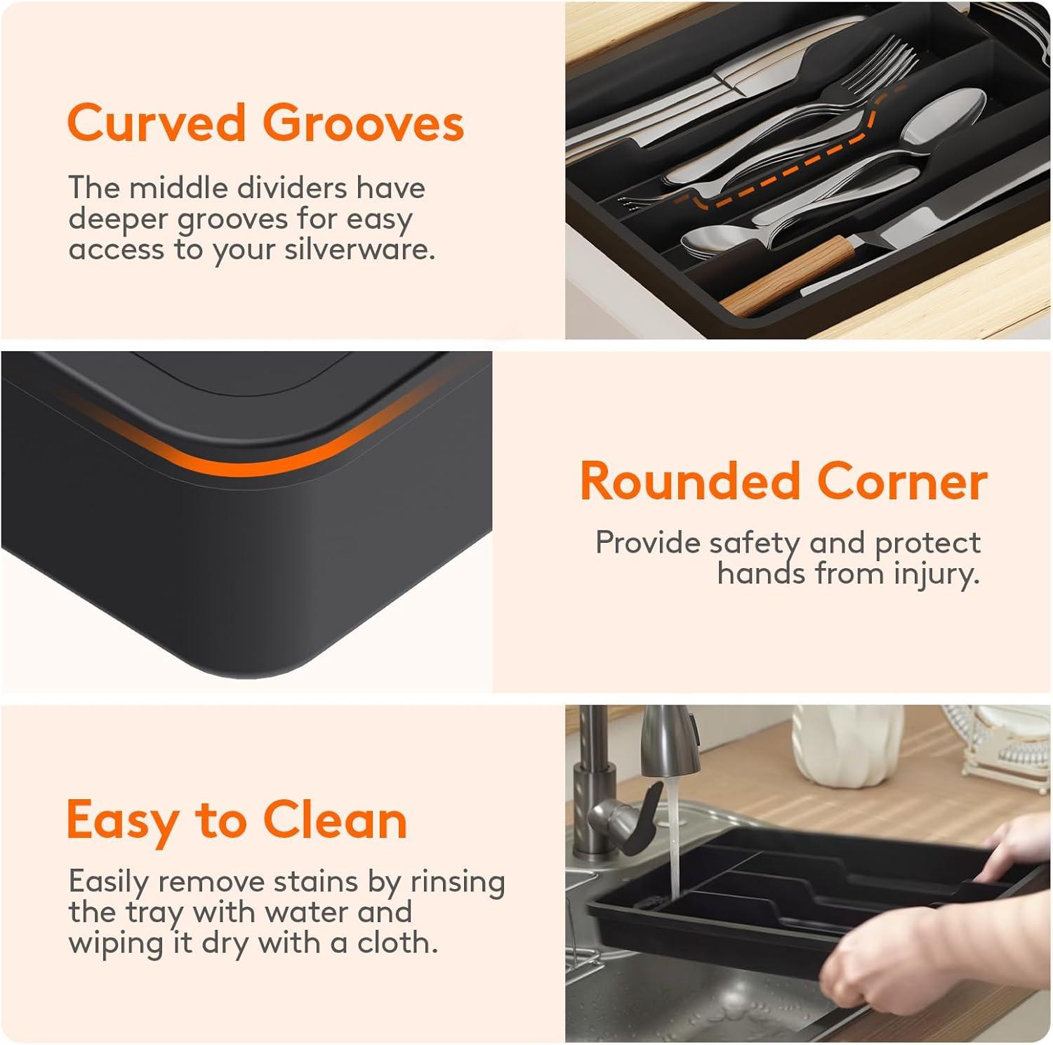 image:imageLifewit Silverware Drawer Organizer Tray Plastic Cutlery Storage for Kitchen Flatware and Utensil Holder Divider for Spoons Forks Knives Tableware 123 x 16 7 Slots BlackBlack