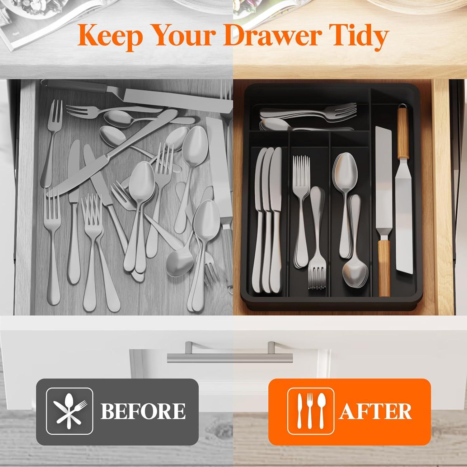 image:imageLifewit Silverware Drawer Organizer Tray Plastic Cutlery Storage for Kitchen Flatware and Utensil Holder Divider for Spoons Forks Knives Tableware 123 x 16 7 Slots BlackBlack