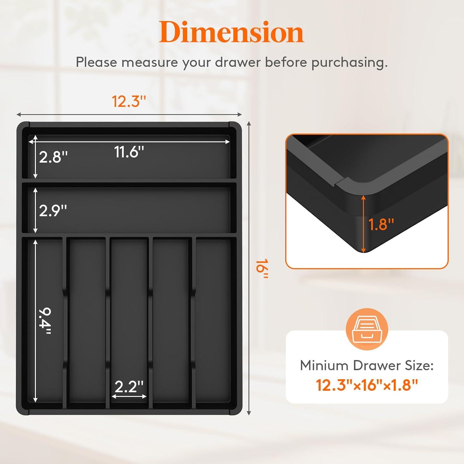 image:imageLifewit Silverware Drawer Organizer Tray Plastic Cutlery Storage for Kitchen Flatware and Utensil Holder Divider for Spoons Forks Knives Tableware 123 x 16 7 Slots BlackBlack