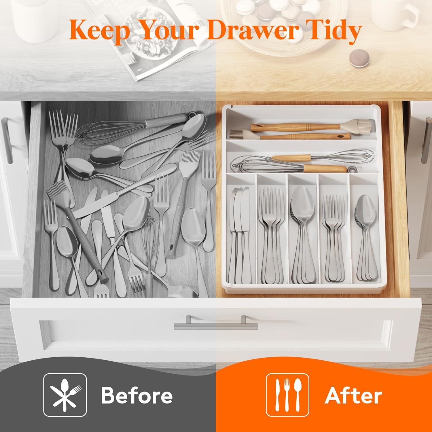 image:imageLifewit Silverware Drawer Organizer Tray Plastic Cutlery Storage for Kitchen Flatware and Utensil Holder Divider for Spoons Forks Knives Tableware 123 x 16 7 Slots BlackWhite