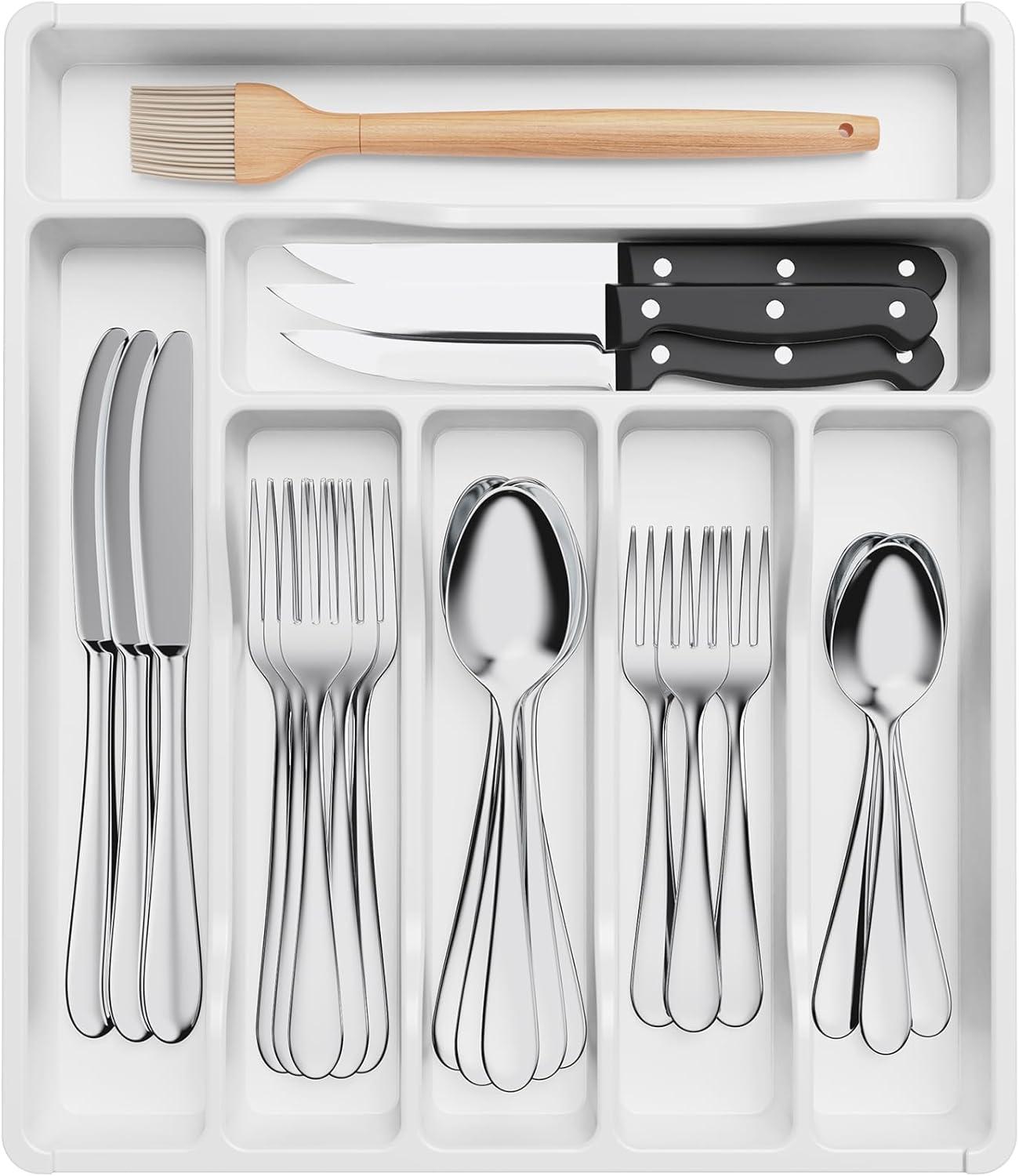image:imageLifewit Silverware Drawer Organizer Tray Plastic Cutlery Storage for Kitchen Flatware and Utensil Holder Divider for Spoons Forks Knives Tableware 123 x 16 7 Slots BlackWhite