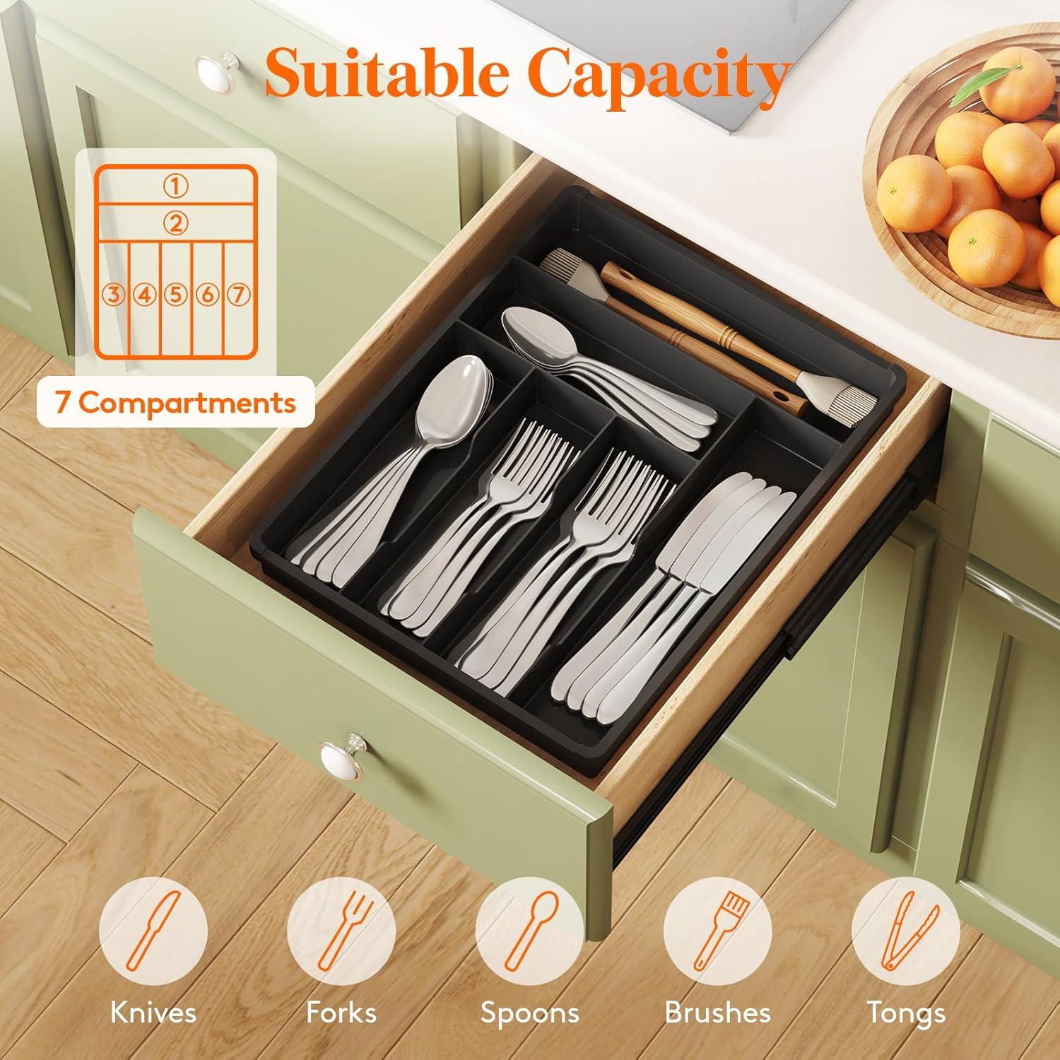 image:imageLifewit Silverware Drawer Organizer Tray Plastic Cutlery Storage for Kitchen Flatware and Utensil Holder Divider for Spoons Forks Knives Tableware 123 x 16 7 Slots BlackBlack