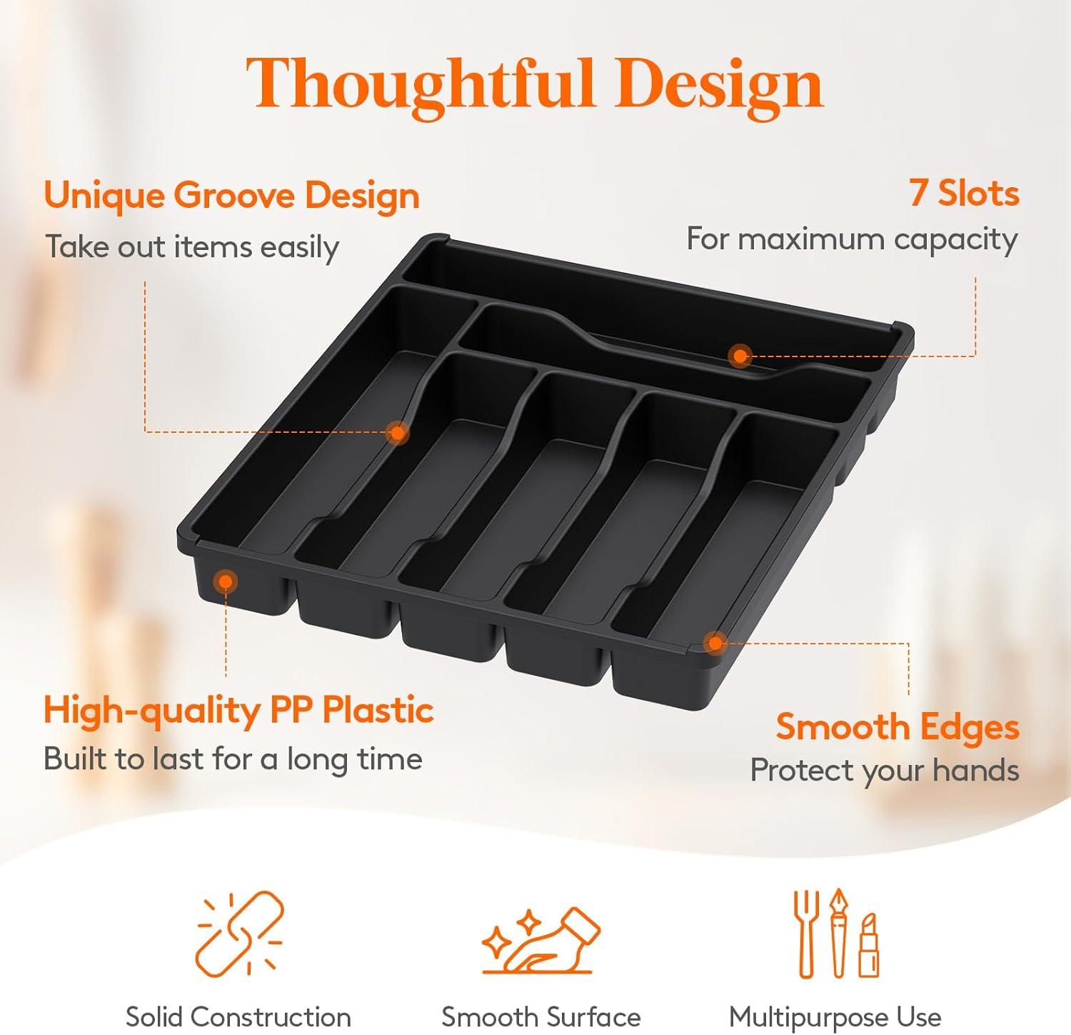 image:imageLifewit Silverware Drawer Organizer Tray Plastic Cutlery Storage for Kitchen Flatware and Utensil Holder Divider for Spoons Forks Knives Tableware 123 x 16 7 Slots BlackBlack