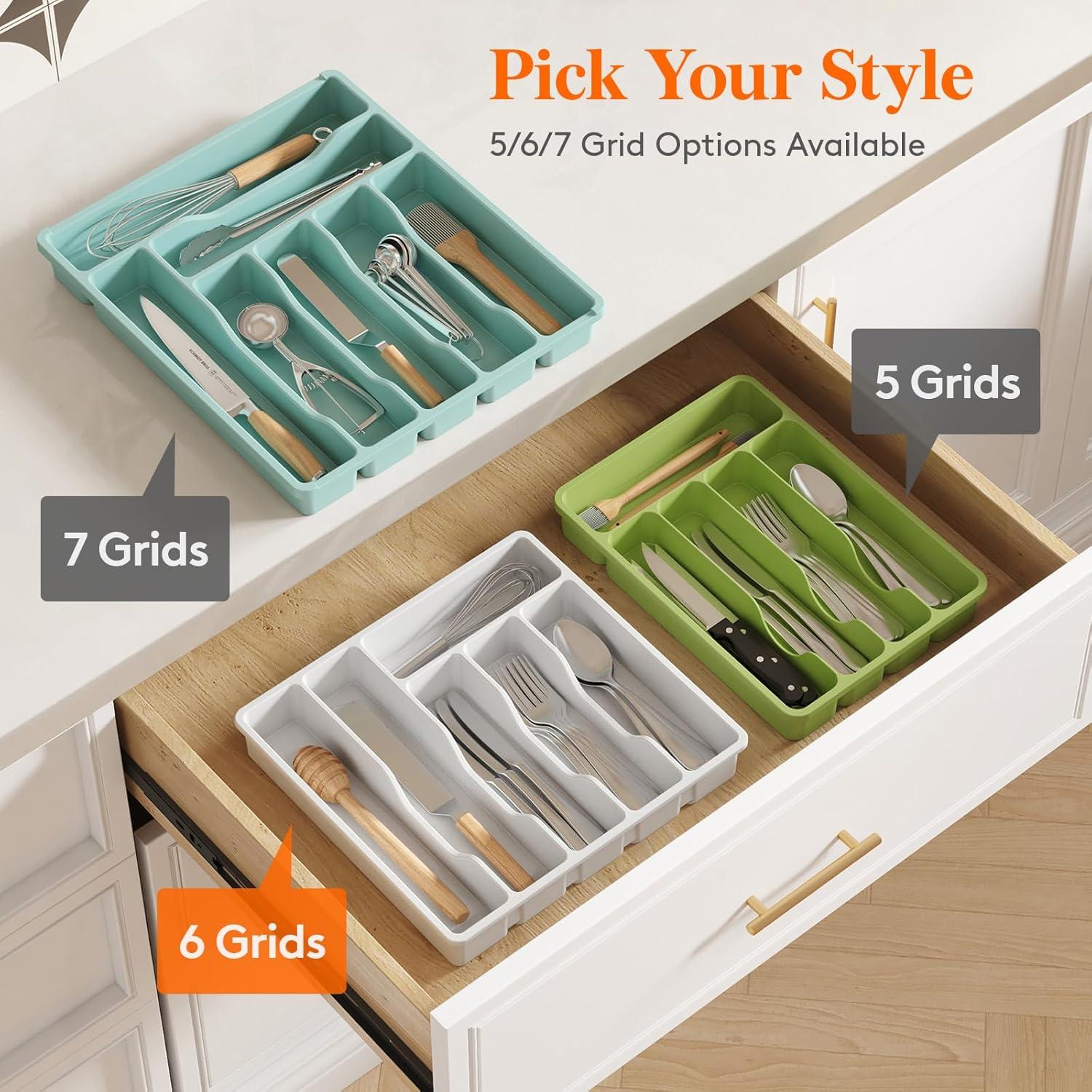 image:imageLifewit Silverware Drawer Organizer Tray Plastic Cutlery Storage for Kitchen Flatware and Utensil Holder Divider for Spoons Forks Knives Tableware 123 x 16 7 Slots BlackWhite