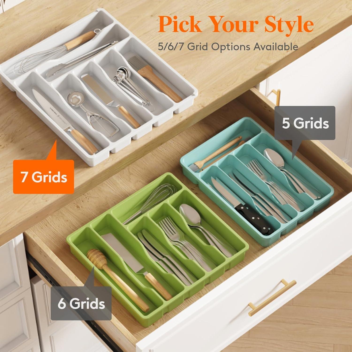 image:imageLifewit Silverware Drawer Organizer Tray Plastic Cutlery Storage for Kitchen Flatware and Utensil Holder Divider for Spoons Forks Knives Tableware 123 x 16 7 Slots BlackWhite