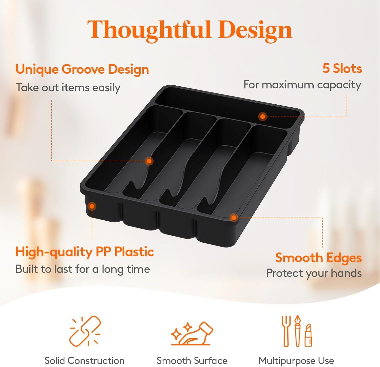 image:imageLifewit Silverware Drawer Organizer Tray Plastic Cutlery Storage for Kitchen Flatware and Utensil Holder Divider for Spoons Forks Knives Tableware 123 x 16 7 Slots BlackBlack