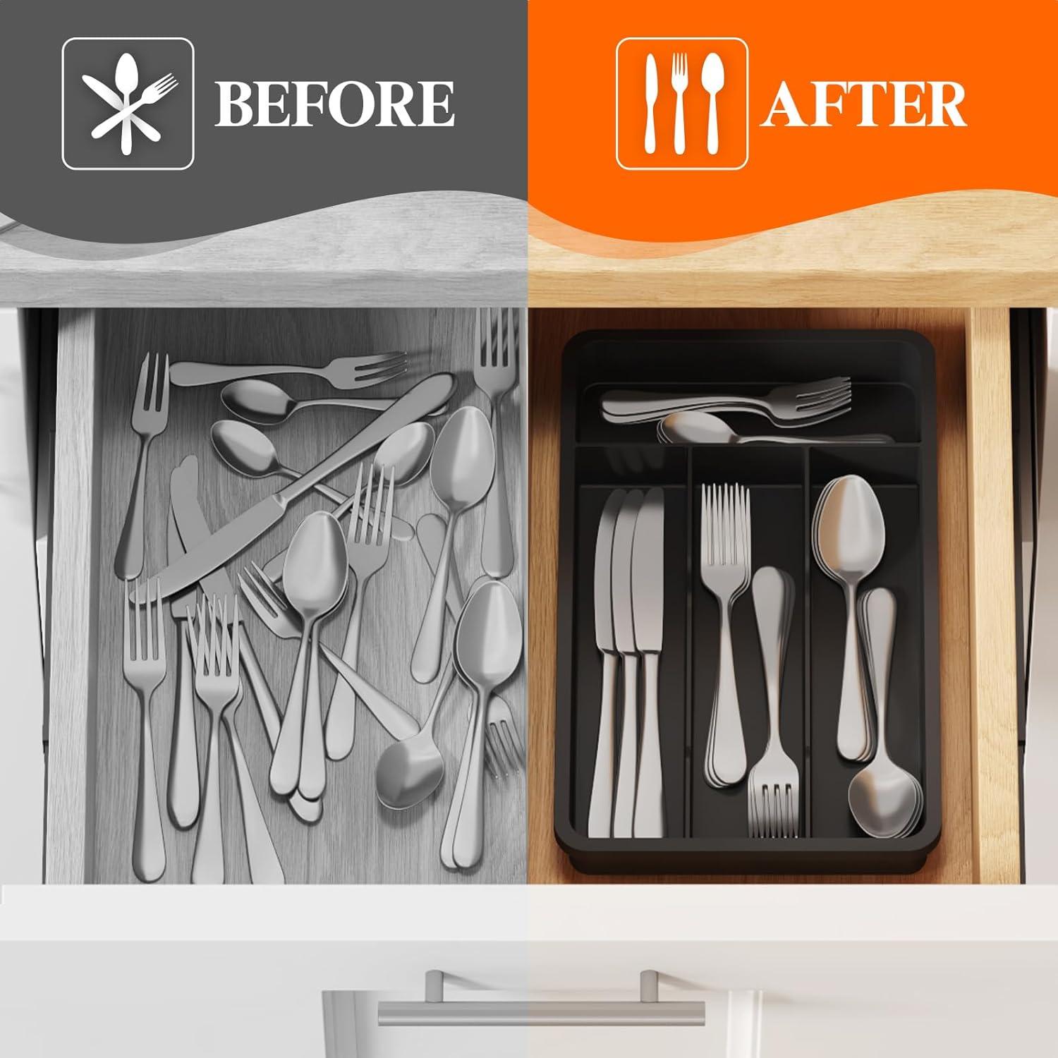 image:imageLifewit Silverware Drawer Organizer Tray Plastic Cutlery Storage for Kitchen Flatware and Utensil Holder Divider for Spoons Forks Knives Tableware 123 x 16 7 Slots BlackBlack
