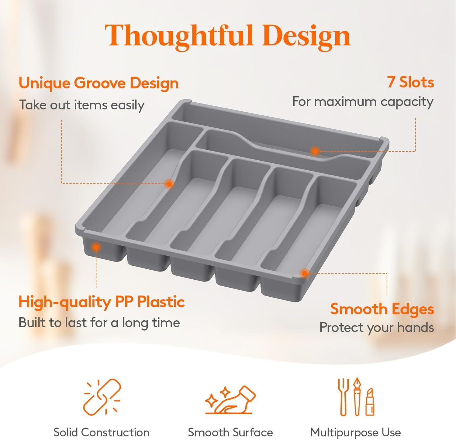 image:imageLifewit Silverware Drawer Organizer Tray Plastic Cutlery Storage for Kitchen Flatware and Utensil Holder Divider for Spoons Forks Knives Tableware 123 x 16 7 Slots BlackGray