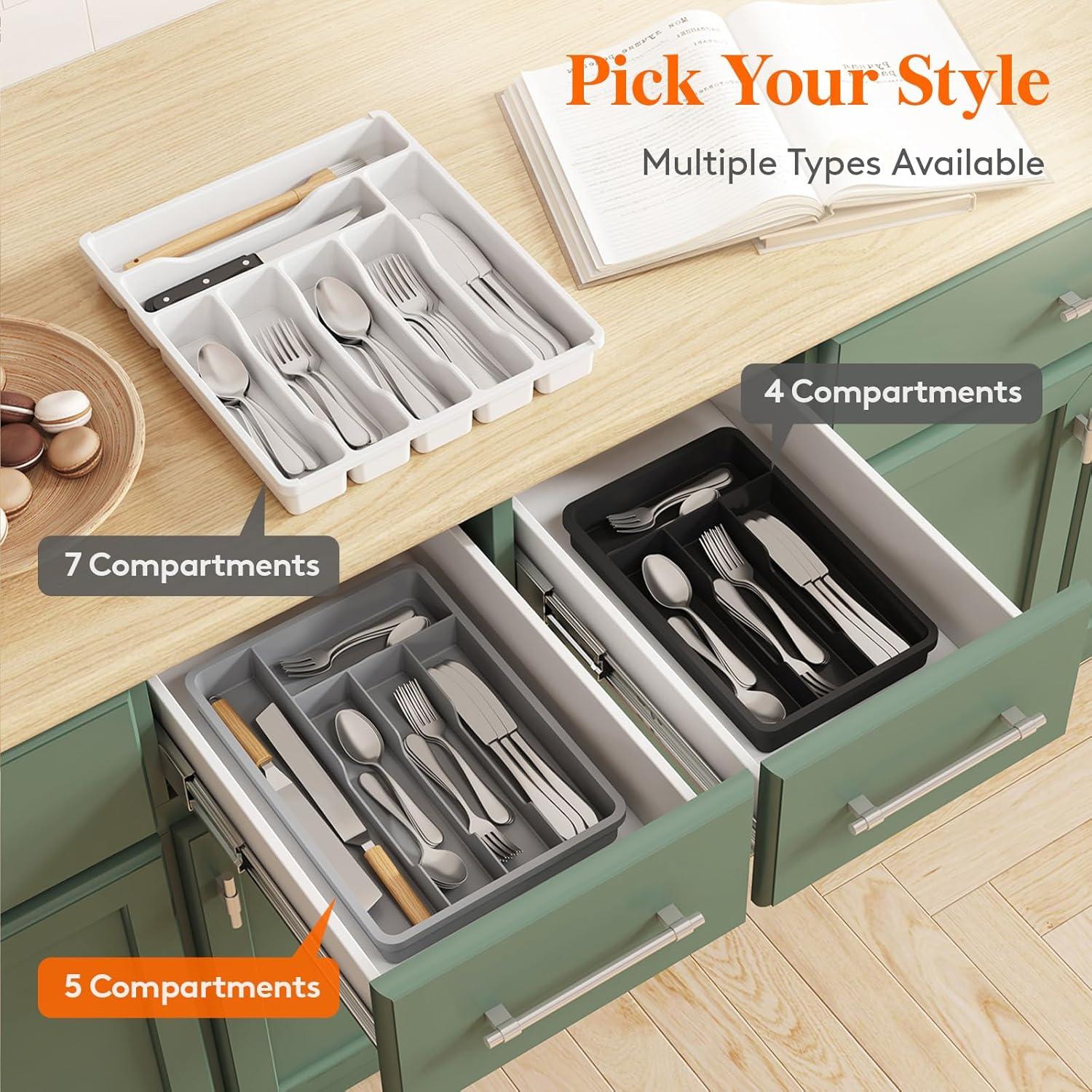 image:imageLifewit Silverware Drawer Organizer Tray Plastic Cutlery Storage for Kitchen Flatware and Utensil Holder Divider for Spoons Forks Knives Tableware 123 x 16 7 Slots BlackBlack