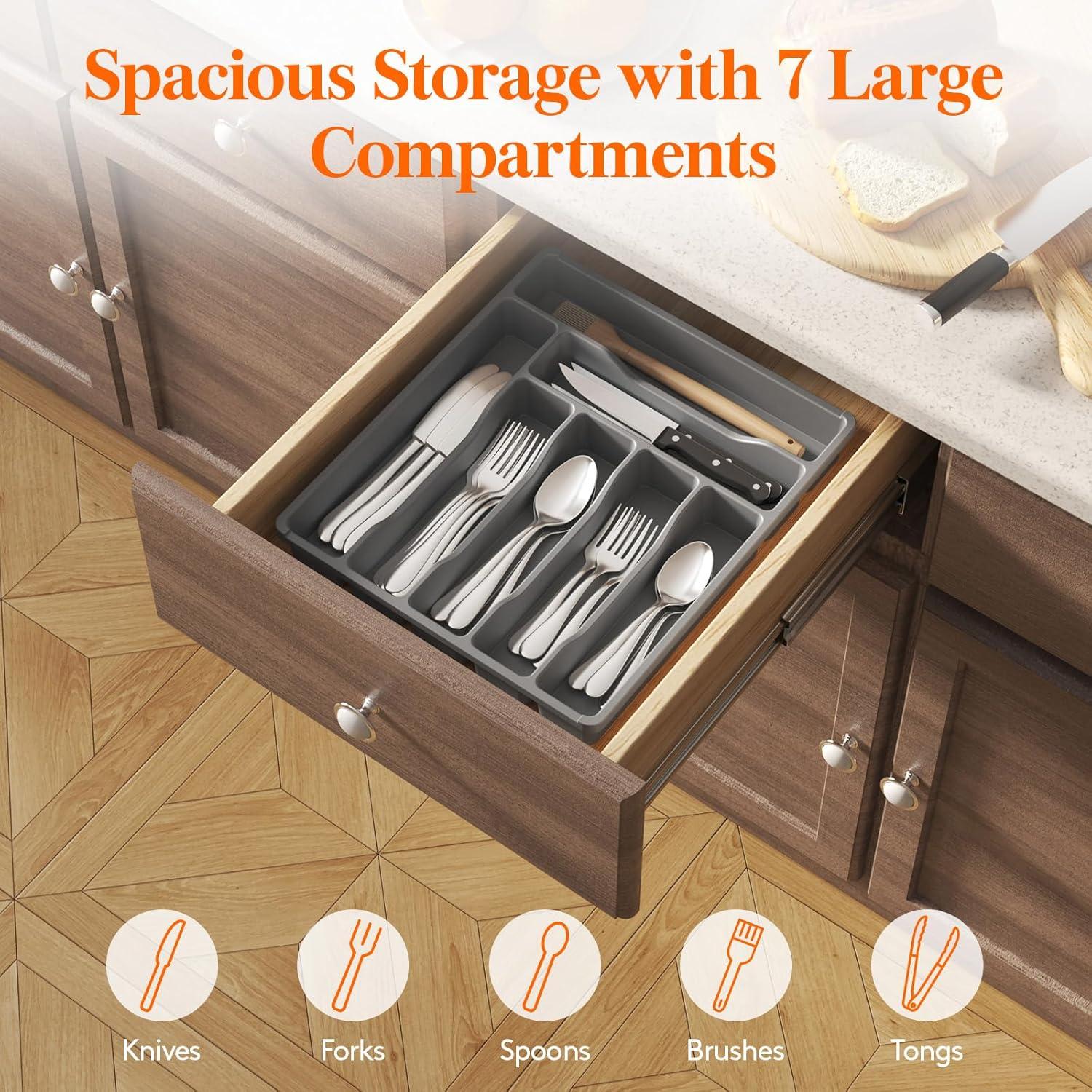 image:imageLifewit Silverware Drawer Organizer Tray Plastic Cutlery Storage for Kitchen Flatware and Utensil Holder Divider for Spoons Forks Knives Tableware 123 x 16 7 Slots BlackGray