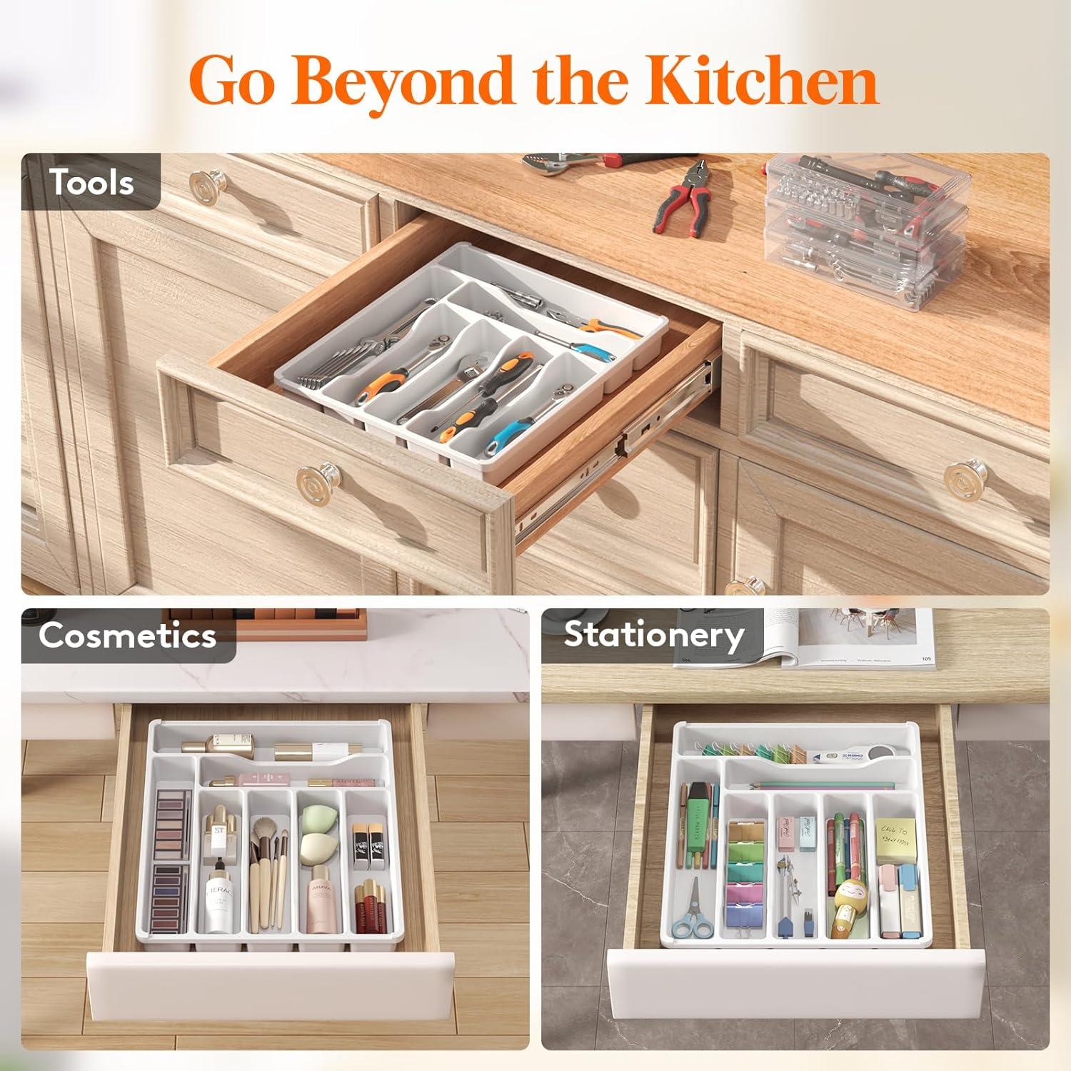 image:imageLifewit Silverware Drawer Organizer Tray Plastic Cutlery Storage for Kitchen Flatware and Utensil Holder Divider for Spoons Forks Knives Tableware 123 x 16 7 Slots BlackWhite