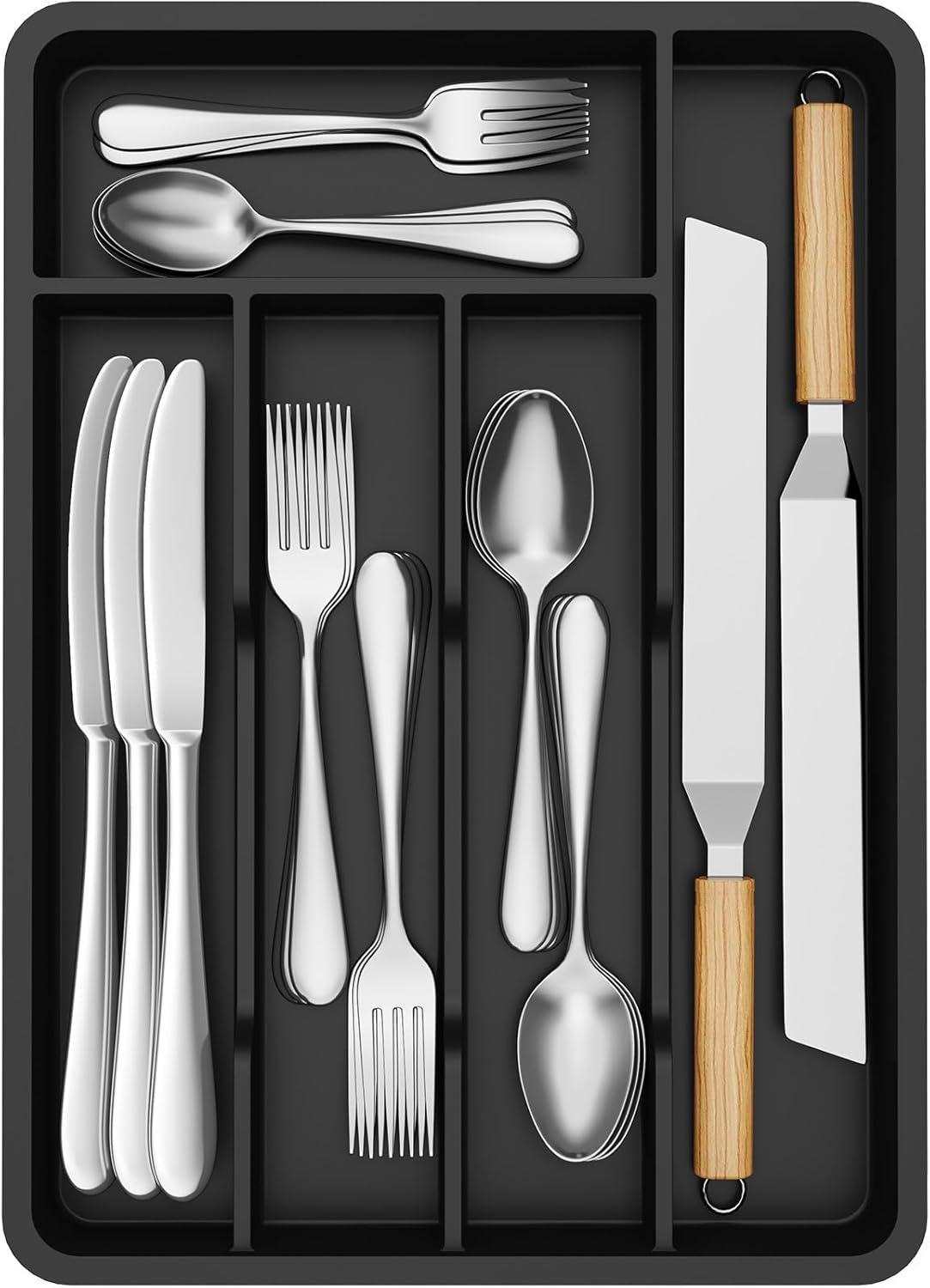 image:imageLifewit Silverware Drawer Organizer Tray Plastic Cutlery Storage for Kitchen Flatware and Utensil Holder Divider for Spoons Forks Knives Tableware 123 x 16 7 Slots BlackBlack