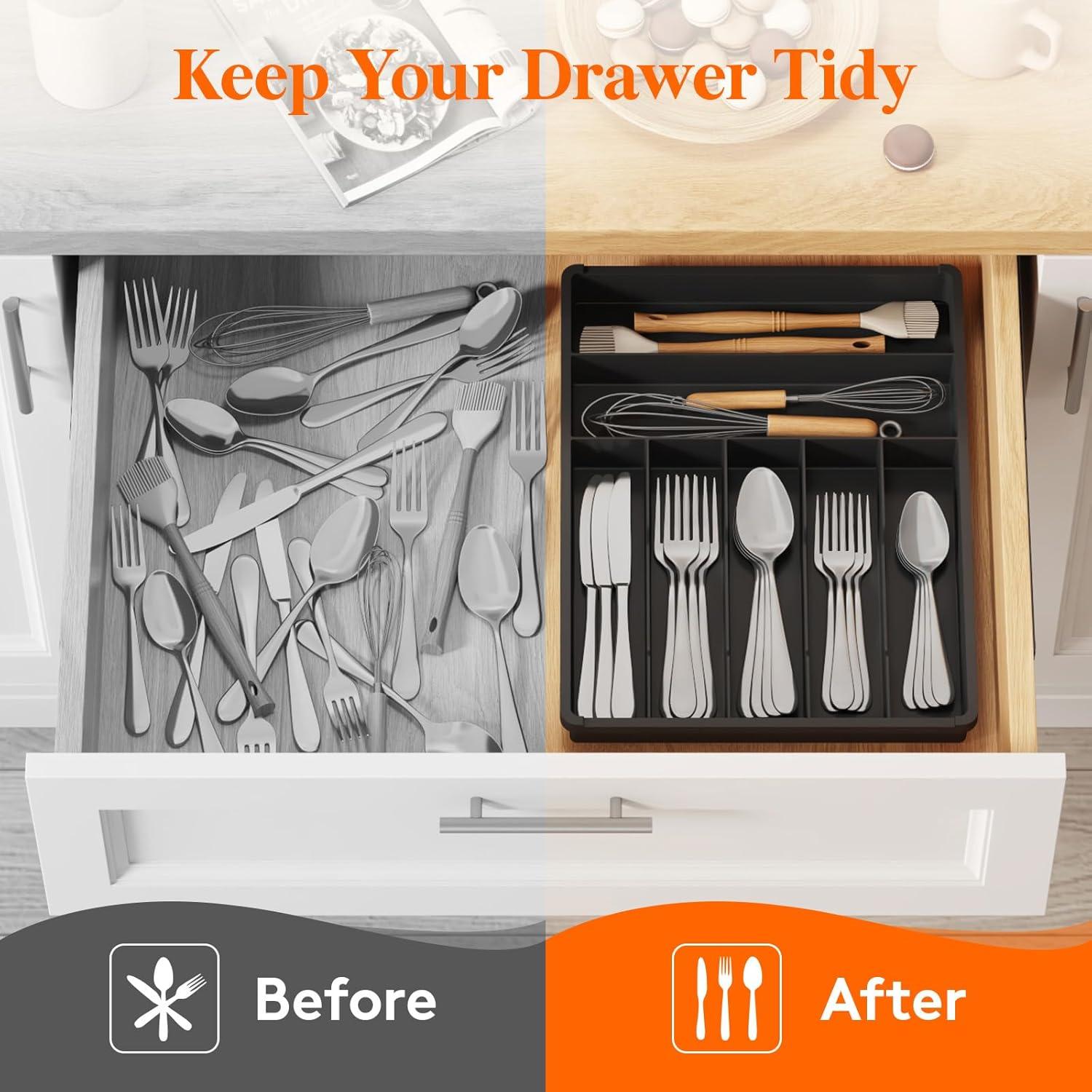 image:imageLifewit Silverware Drawer Organizer Tray Plastic Cutlery Storage for Kitchen Flatware and Utensil Holder Divider for Spoons Forks Knives Tableware 123 x 16 7 Slots BlackBlack
