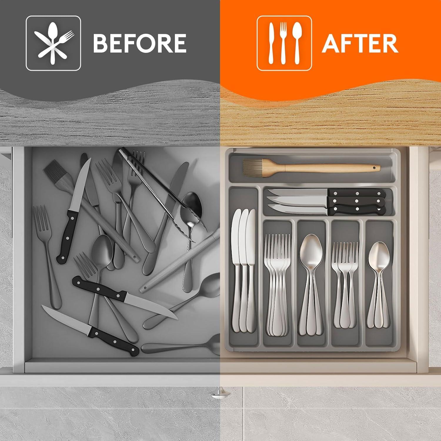 image:imageLifewit Silverware Drawer Organizer Tray Plastic Cutlery Storage for Kitchen Flatware and Utensil Holder Divider for Spoons Forks Knives Tableware 123 x 16 7 Slots BlackGray
