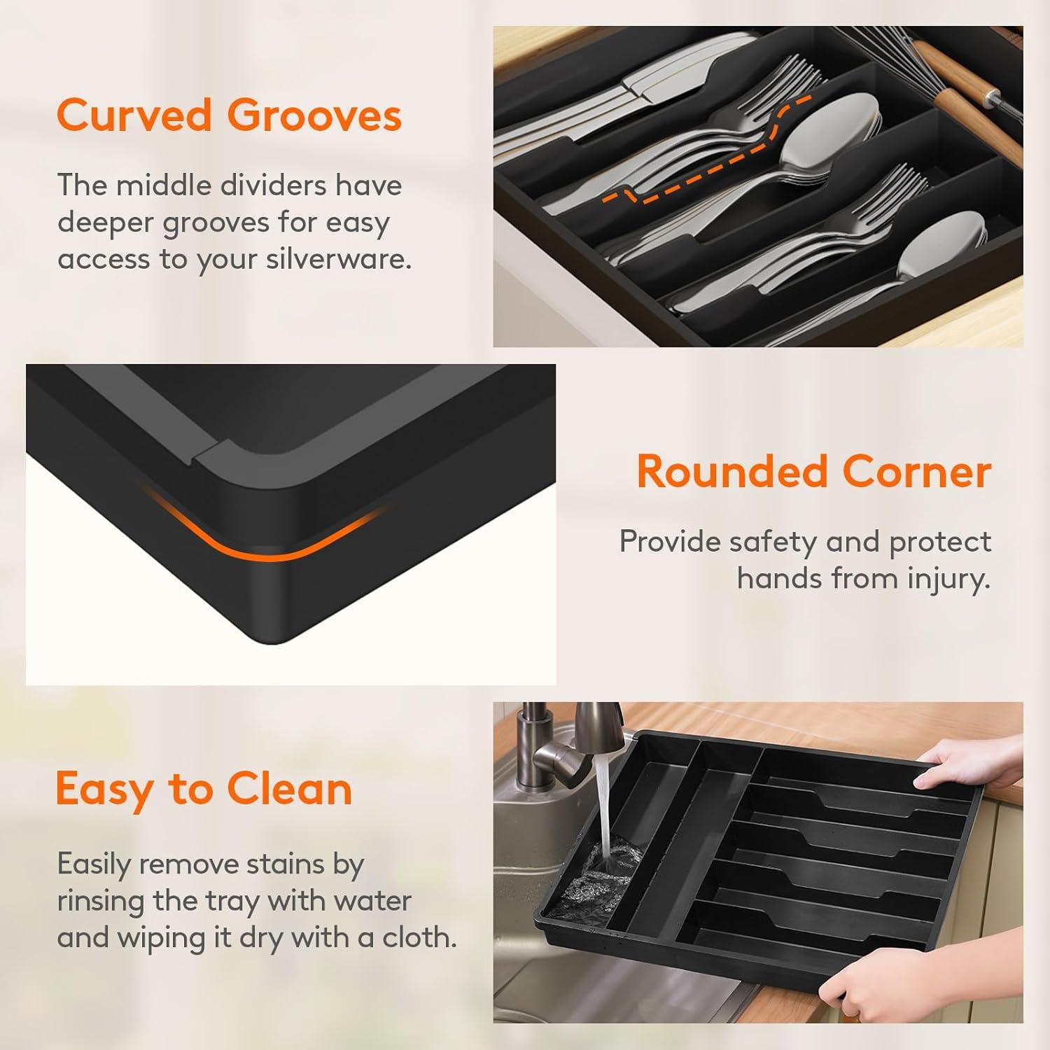 image:imageLifewit Silverware Drawer Organizer Tray Plastic Cutlery Storage for Kitchen Flatware and Utensil Holder Divider for Spoons Forks Knives Tableware 123 x 16 7 Slots BlackBlack