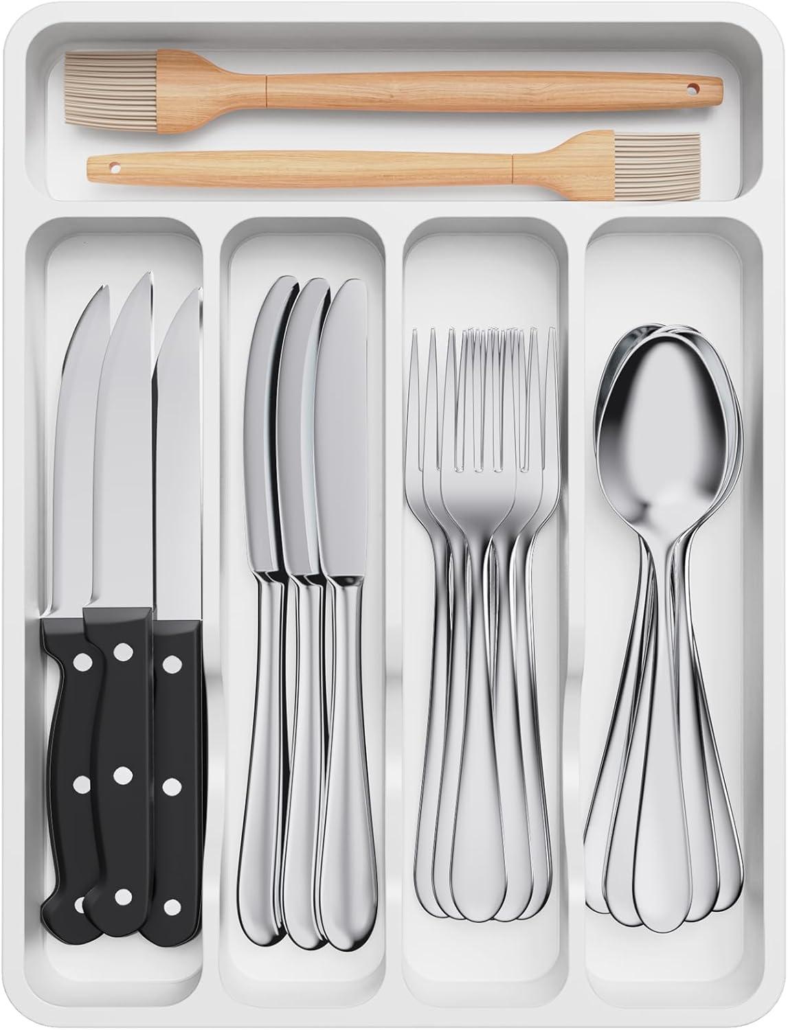 image:imageLifewit Silverware Drawer Organizer Tray Plastic Cutlery Storage for Kitchen Flatware and Utensil Holder Divider for Spoons Forks Knives Tableware 123 x 16 7 Slots BlackWhite