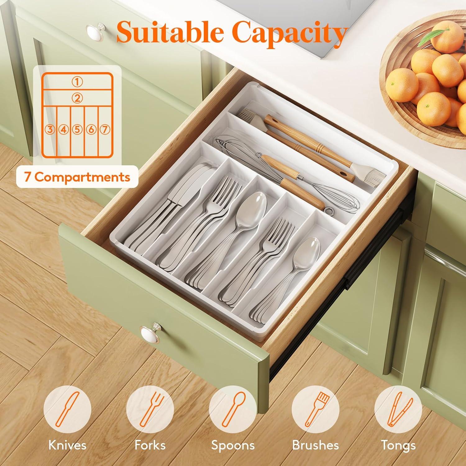 image:imageLifewit Silverware Drawer Organizer Tray Plastic Cutlery Storage for Kitchen Flatware and Utensil Holder Divider for Spoons Forks Knives Tableware 123 x 16 7 Slots BlackWhite