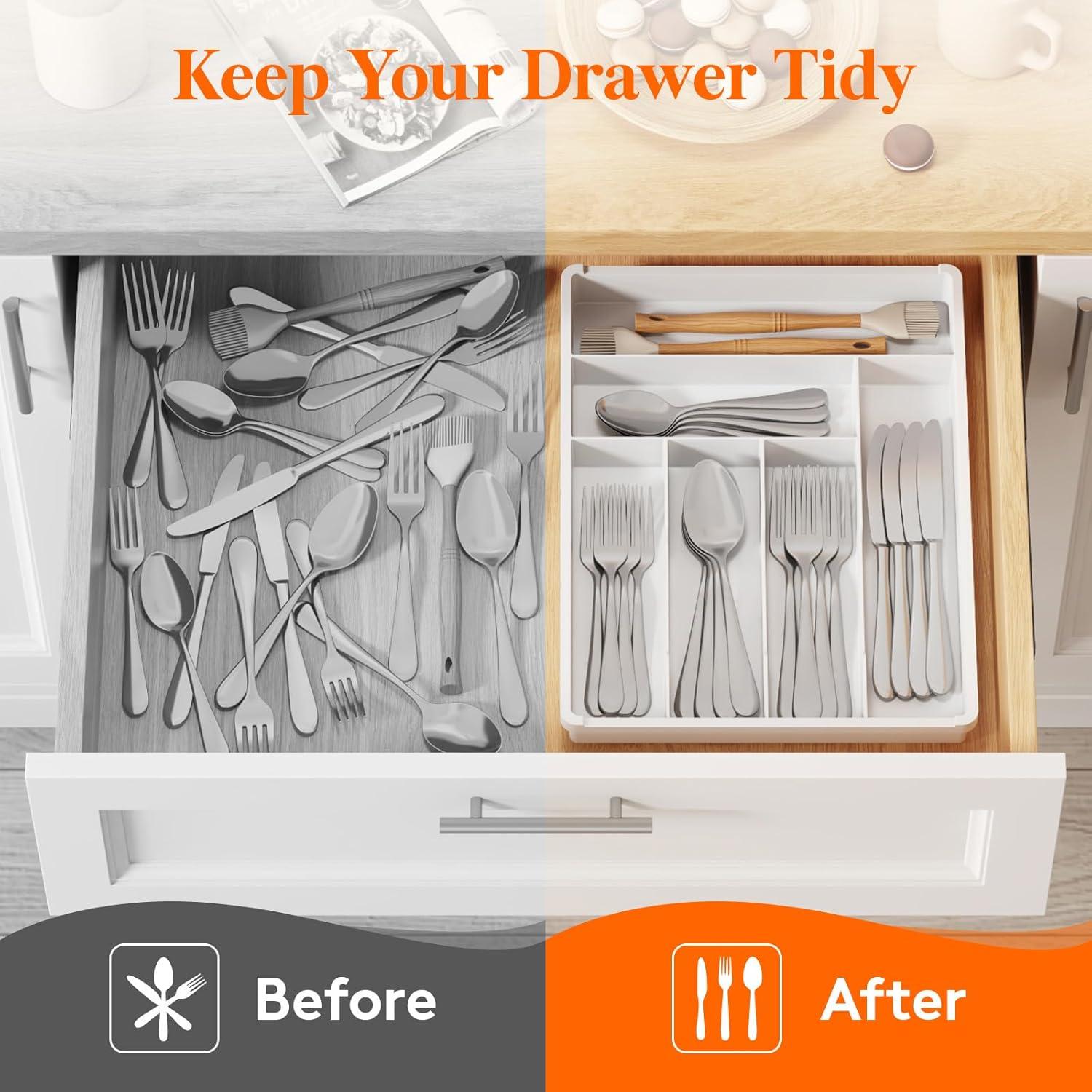 image:imageLifewit Silverware Drawer Organizer Tray Plastic Cutlery Storage for Kitchen Flatware and Utensil Holder Divider for Spoons Forks Knives Tableware 123 x 16 7 Slots BlackWhite