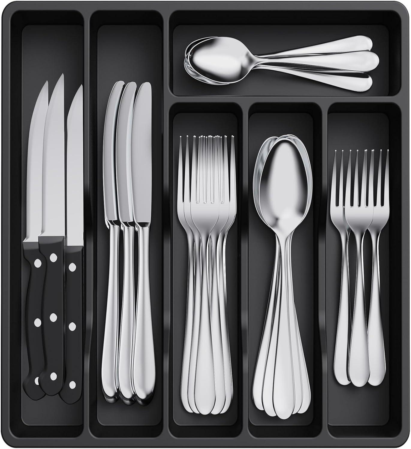 image:imageLifewit Silverware Drawer Organizer Tray Plastic Cutlery Storage for Kitchen Flatware and Utensil Holder Divider for Spoons Forks Knives Tableware 123 x 16 7 Slots BlackBlack