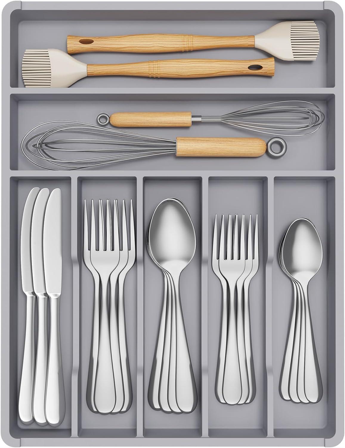 image:imageLifewit Silverware Drawer Organizer Tray Plastic Cutlery Storage for Kitchen Flatware and Utensil Holder Divider for Spoons Forks Knives Tableware 123 x 16 7 Slots BlackGray